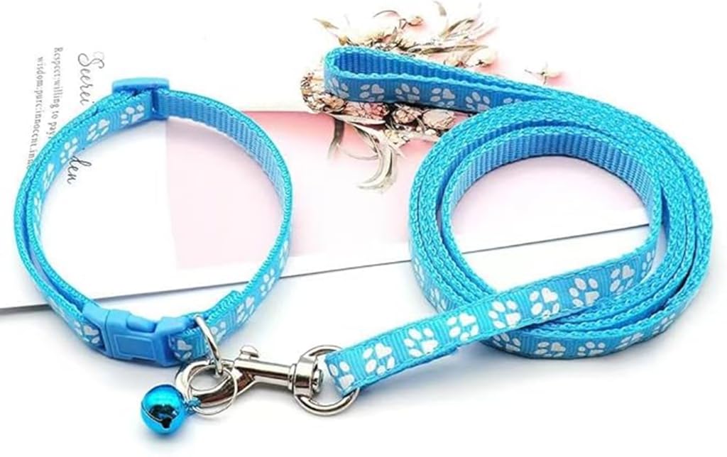 Sky Blue Puppy Collar With Bell Leash Set, Nylon Basic Reflective Girl Dog Collar Paw Print For Xxs Xs Small Cat Pet Animal Litt