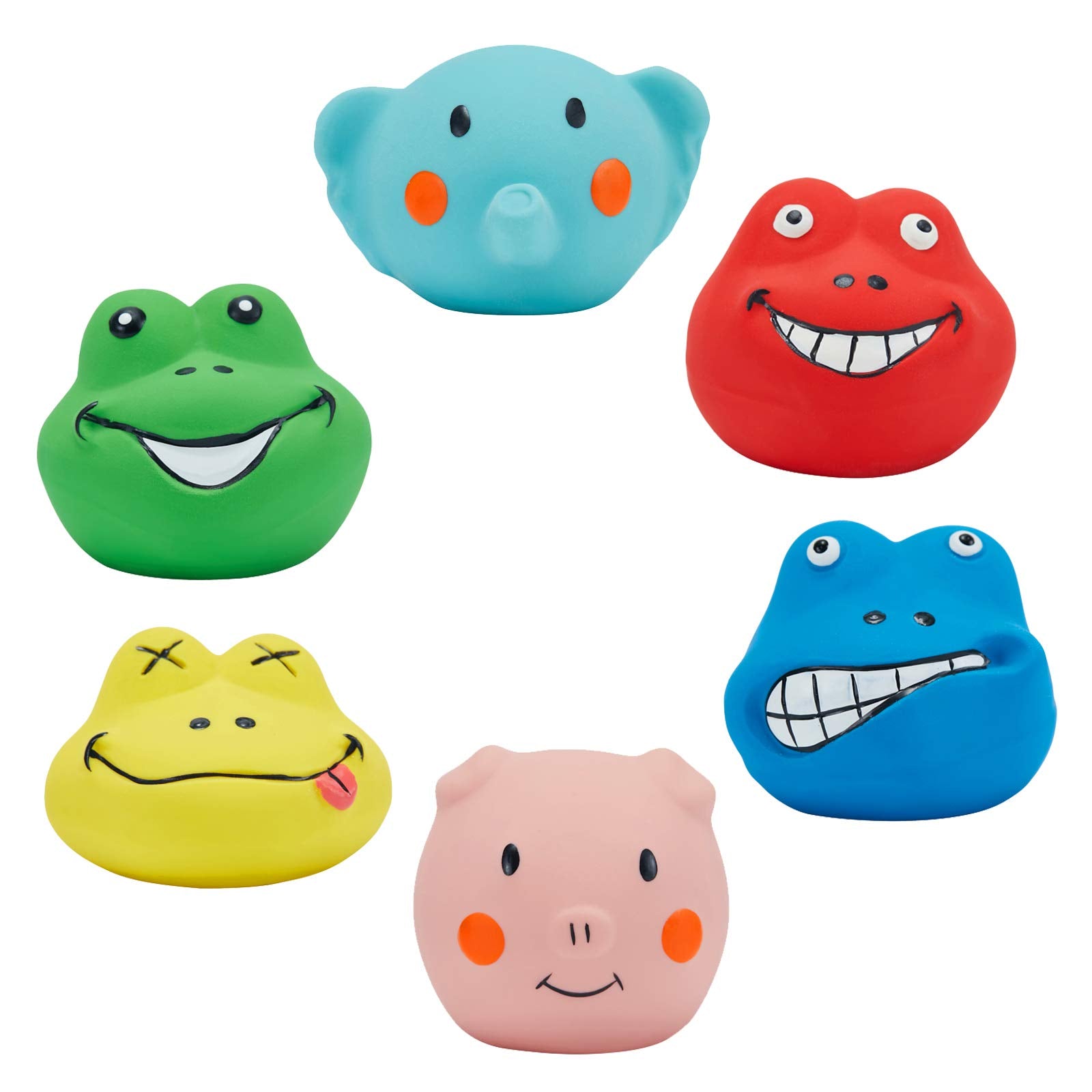 N-S Squeaky Dog Toys Durable Soft Latex Rubber Teething Chewing Interactive Fetch Play Squeak Puppy Toys With Funny Face For Puppy Small Medium Dog 6Pcs , Sky Bule,Green,Yellow,Light Pink,Blue,Red