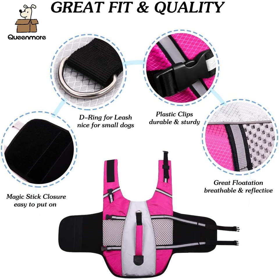 Dog Life Jacket Swimming Vest Lightweight High Reflective Pet Lifesaver With Lift Handle, Leash Ring Pink,L