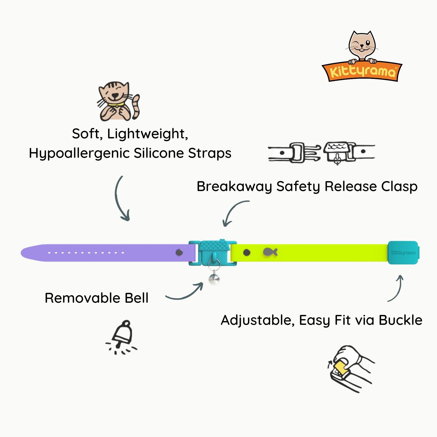 Kittyrama Tahiti Cat Collar with Bell. Cat Friendly Award Winner. Approved by Vets and Cat Experts. Breakaway Cat Collars Quick