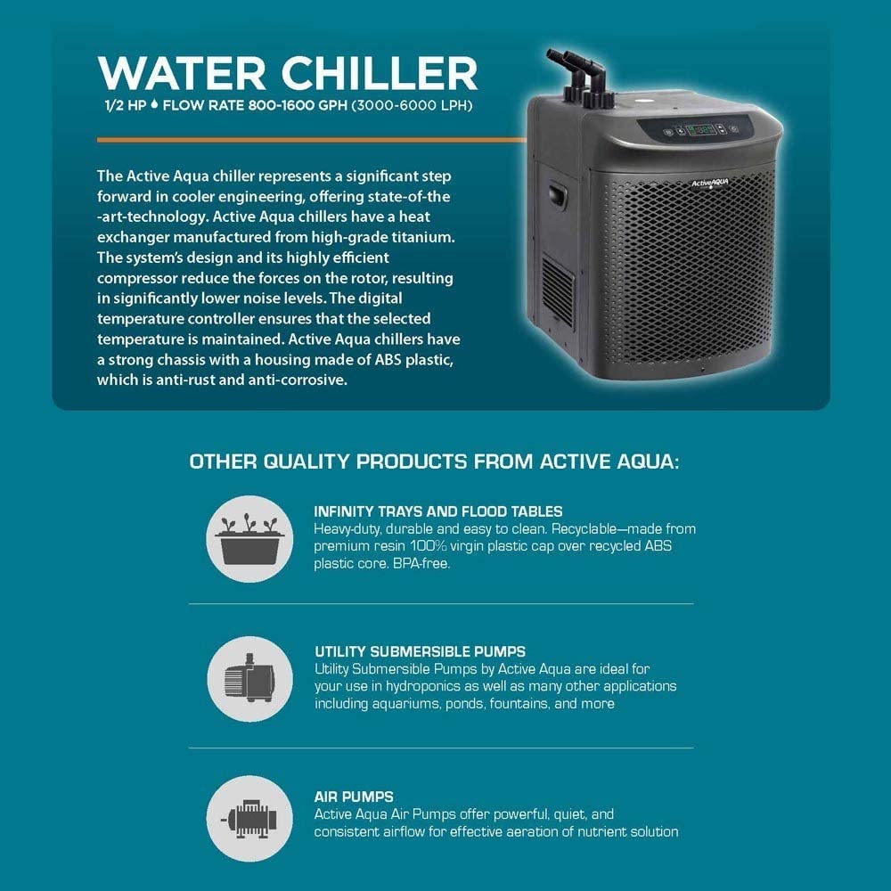 ACTIVEAQUA Active Aqua AACH50HP Water Chiller for Aquarium, Hydroponics, Bathtub - 0.5 HP, Fast Cooling, 90-172 Gallons, Titaniu