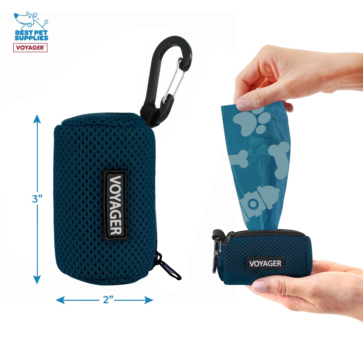 Best Pet Supplies Dog Poop Bag Holder Leash Attachment With 15 Bags, Blue, Reusable Mesh Dispenser Pouch For Travel, Walking, Pa