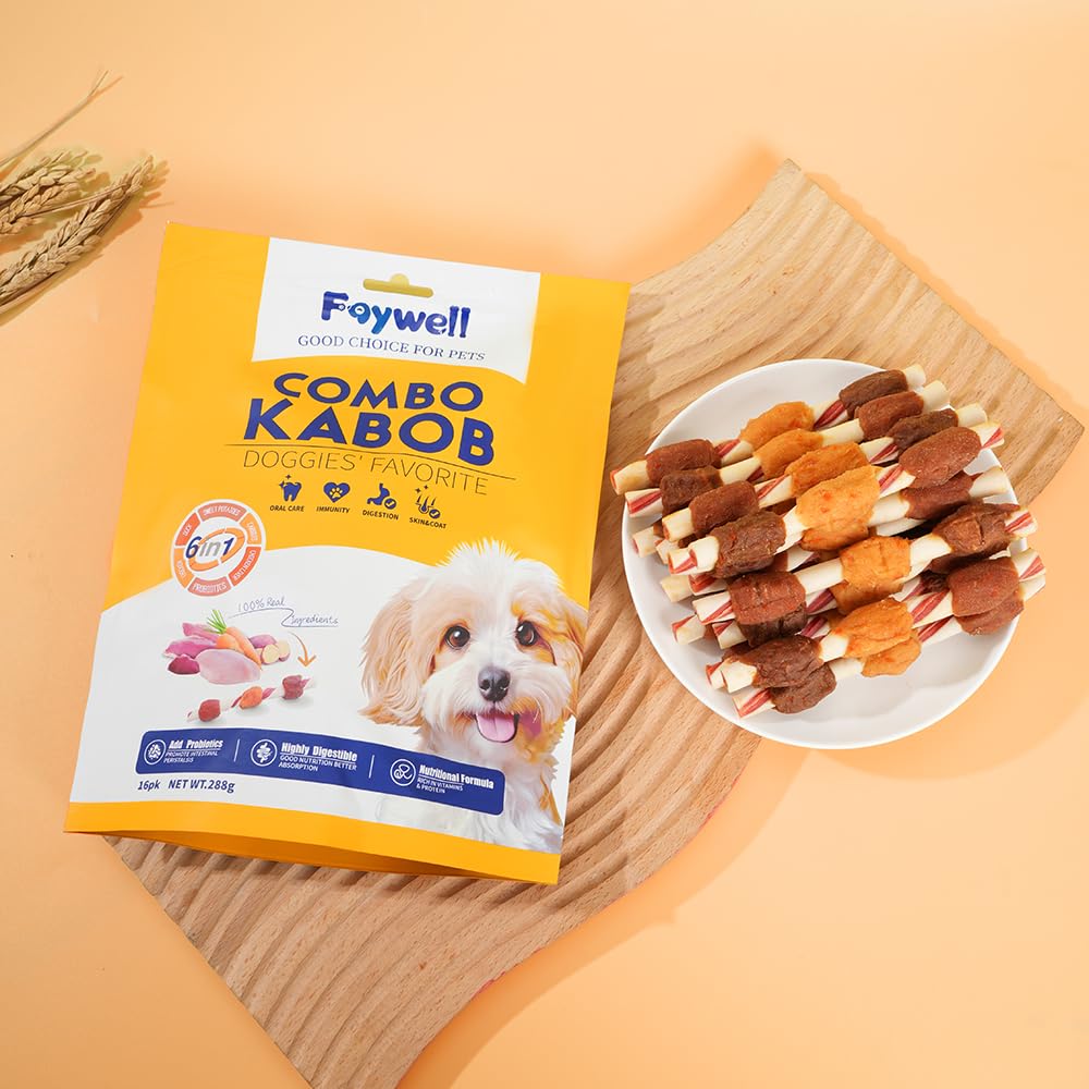 FAYWELL - Combo Kabob Dog Natural Treats, Rich in Protein & Vitamins & Probiotics, Supports Oral Health, Digestible (16pk/288g)