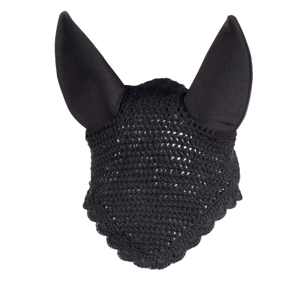 HORZE Supreme Silent Crochet Ear Bonnet - Sound Dampening Fly Protection for Sensitive Horses - Black - Horse
