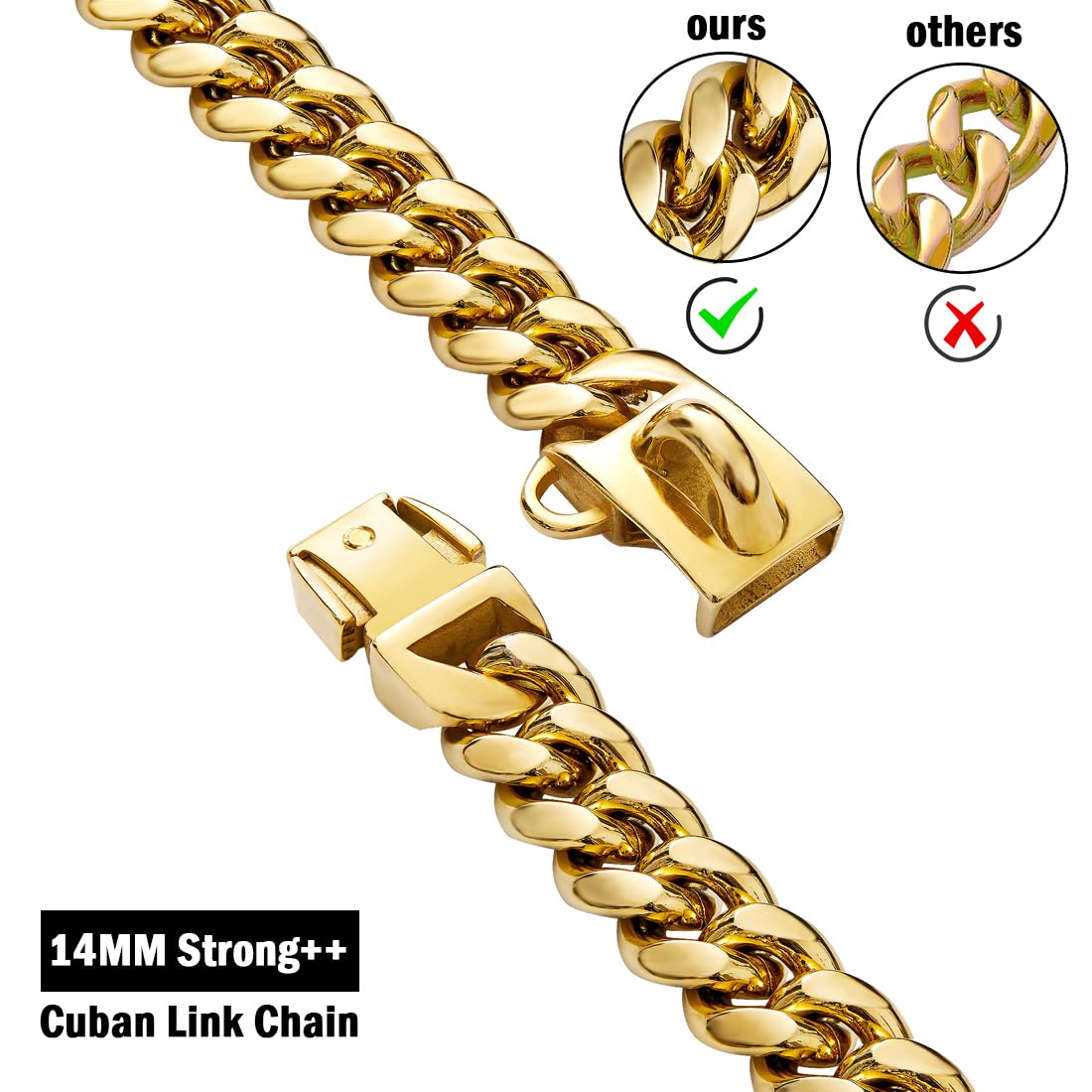 Yowity 24'' Gold Dog Collar For Large Dogs,14Mm Strong Stainless Steel Cuban Link Gold Dog Chain Collar,Dog Necklace Walking Col