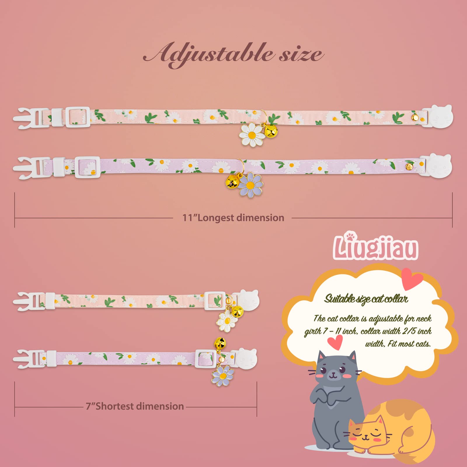 2 Pack Cotton Breakaway Cat Collar With Bell Pink&Purple Flowers Pendant Cute Kitten Cat Collar Suitable For Girls And Boys
