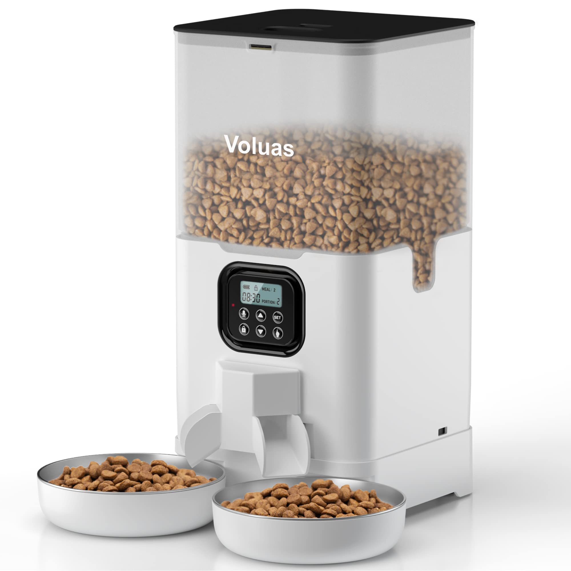 Voluas Automatic Cat Feeders for Two Cats, Double Pet Feeder with 2 Stainless Steel Bowls,6L Timed Cat Feeder with Memory Functi