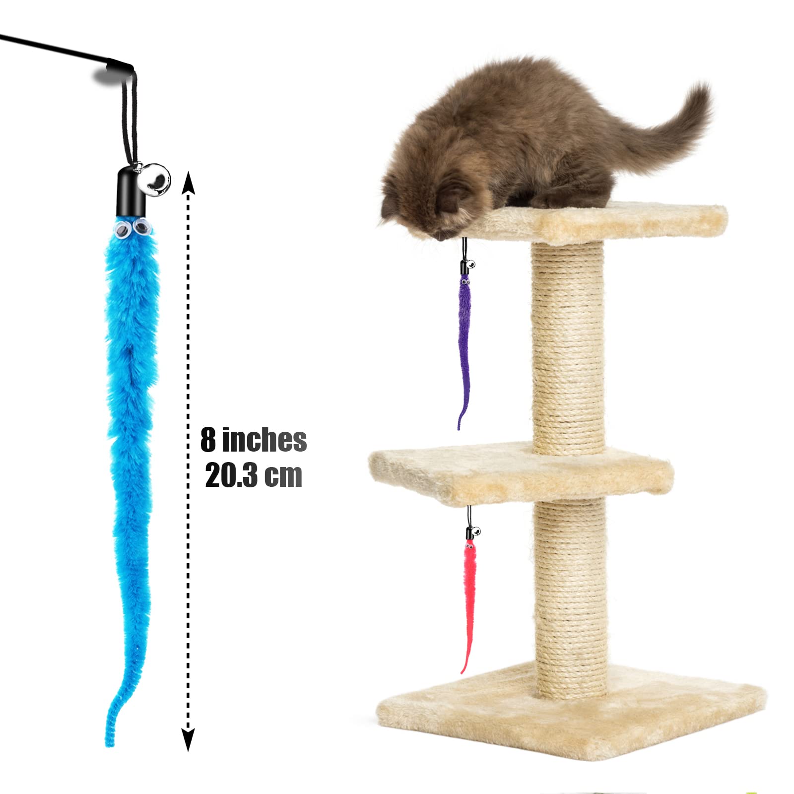 Cobee 12Pcs Cat Worm Toy Refills, Cat Wand Toy Replacement Refills Furry Tail Worm With Bells Assorted Cat Interactive Toy Refills With Bell For Cat Kitten Worm Refills Attachment For Cat Wand