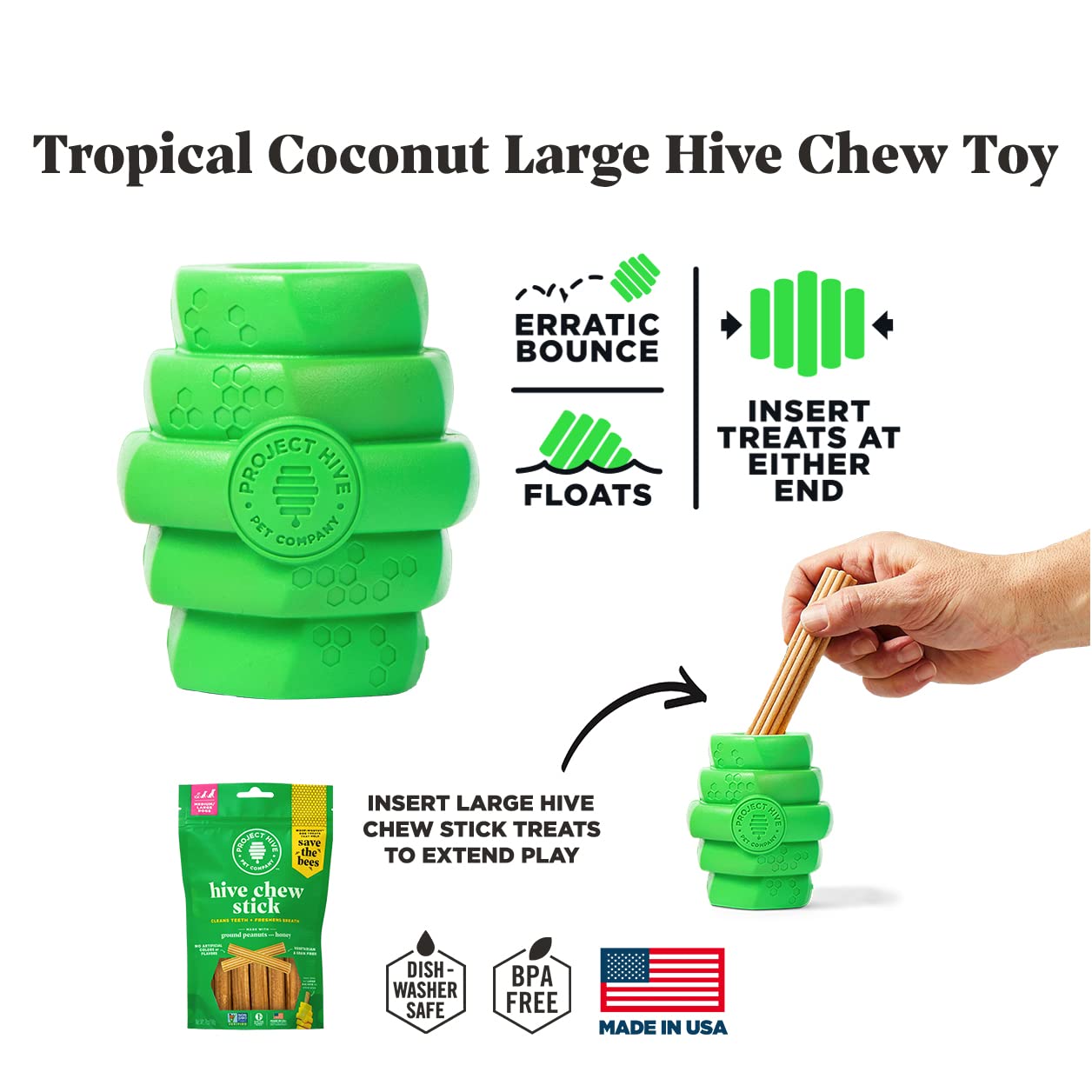 Project Hive ·Pet Company· - Tropical Coconut Scented - Hive Chew Toy For Large Dogs - Dog Chew Toy For Large Breeds - Floats In Water - Durable And Tough - Made In The Usa