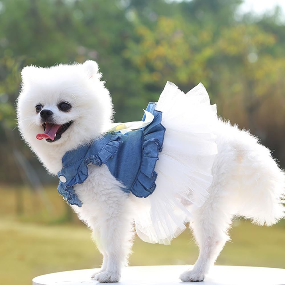 Aniac Blue Denim Dog Dresses For Small Dog Girl Spring Summer Puppy Clothes Fancy Dress For Dogs Cat White Lace Pet Tutu Outfit