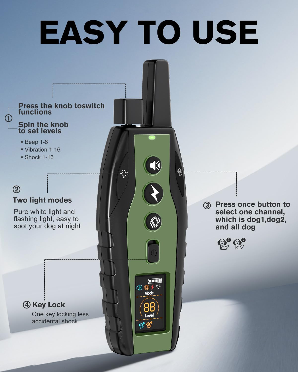 Dog Shock Collar With Remote Control, 3300Ft Dog Training Collar With Light, With Beep, Vibration, Safety Shock Mode, Rechargeab