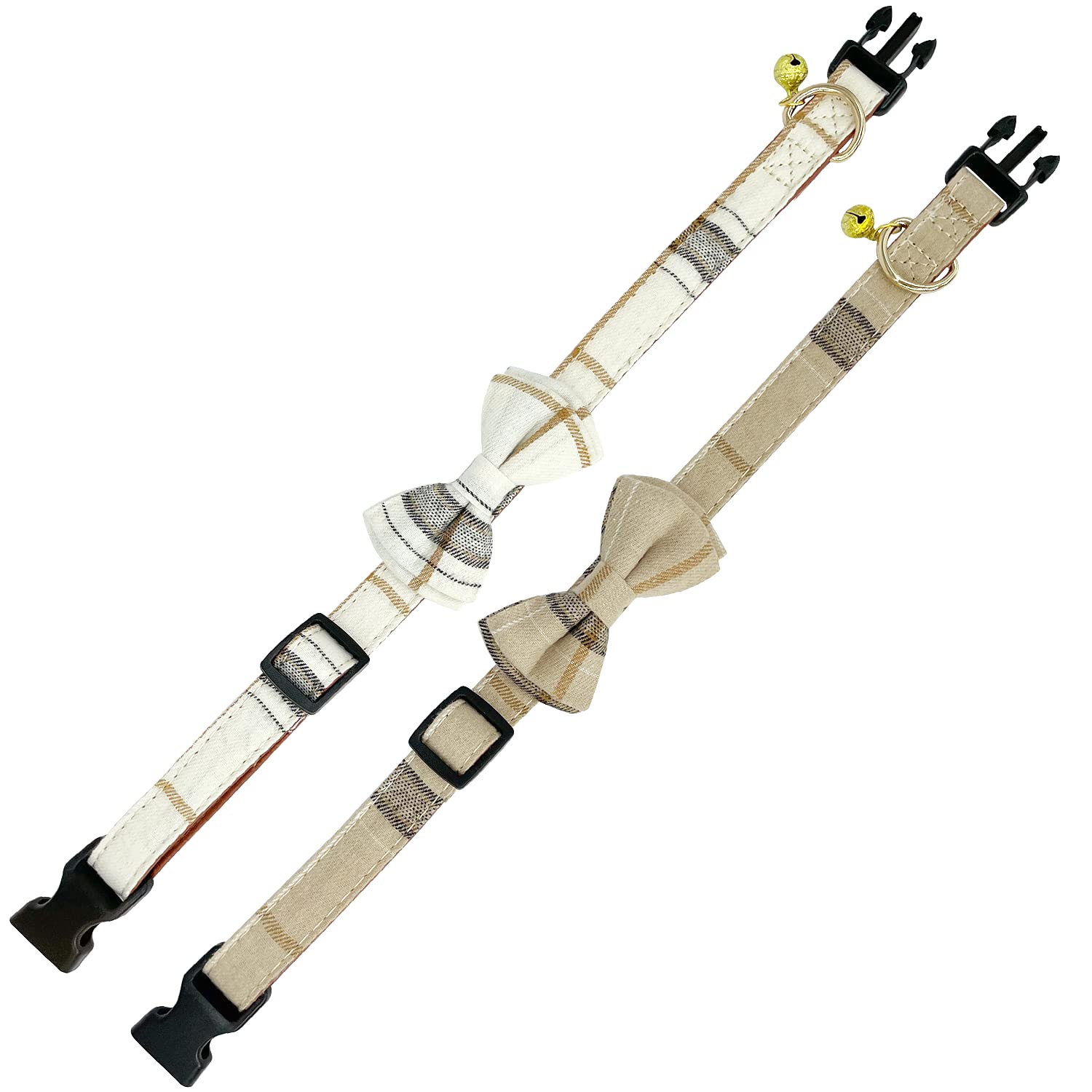 Kudes 2 Pack/Set Dog Collars With Bow Tie And Bells, Adjustable Cute Dog Bow Ties Collar For Small/Medium/Large Boys And Girls Pets (Beige & Brown, S(9.6''-13.8''))