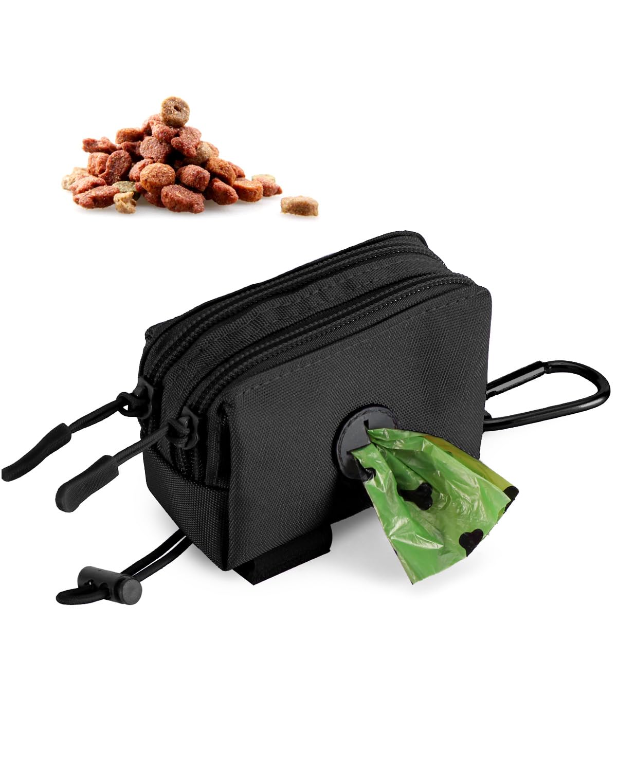 Dog Poop Bag Holder for Leashes, Black Doggie Waste Bag Dispenser and Treat Holder, with Carabiner Hook and Poop Bag Clip, Used 