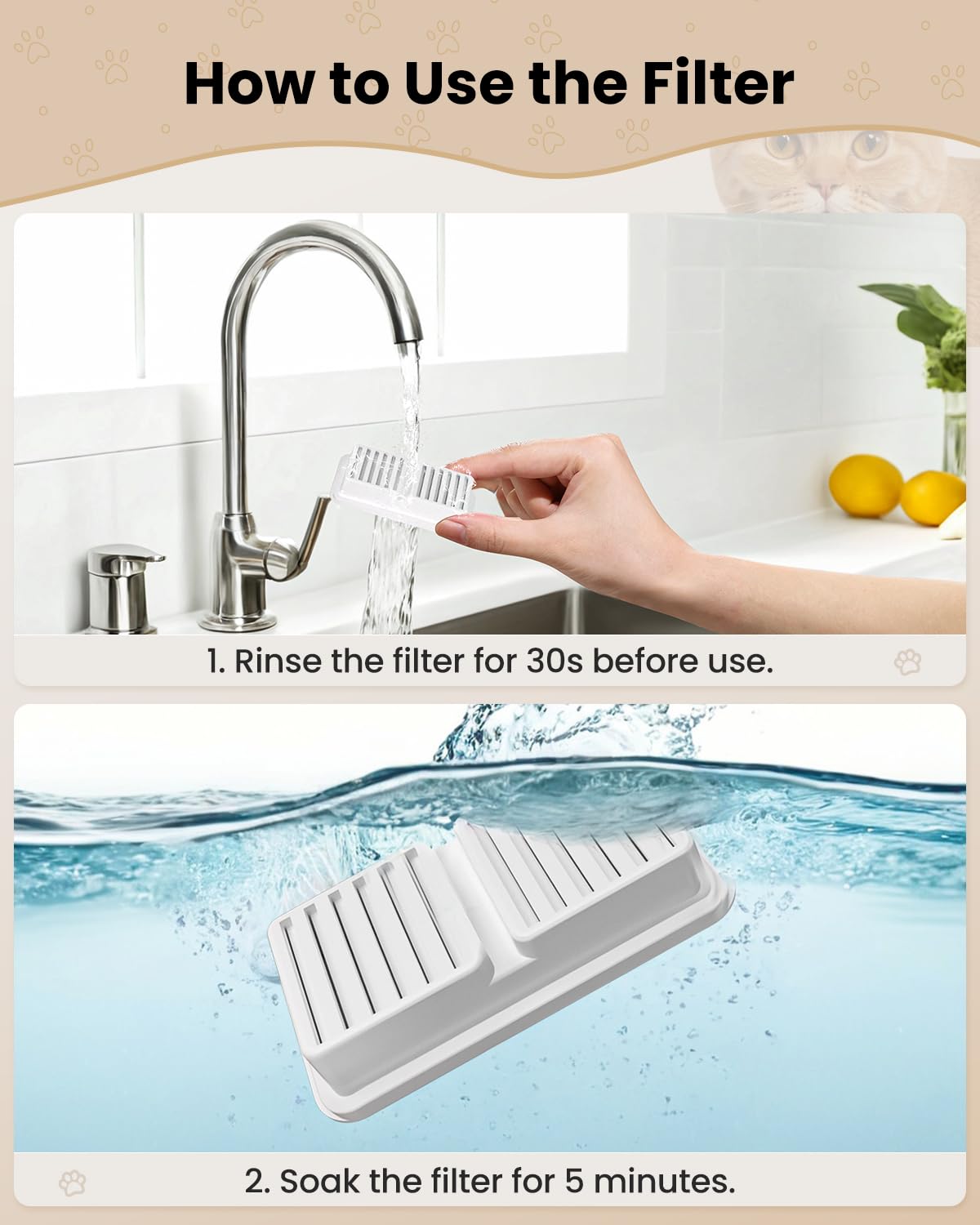 PawPoll Cat Water Dispenser Filter - 6 Replacement Cartridges & Sponges for Pet Fountain, White