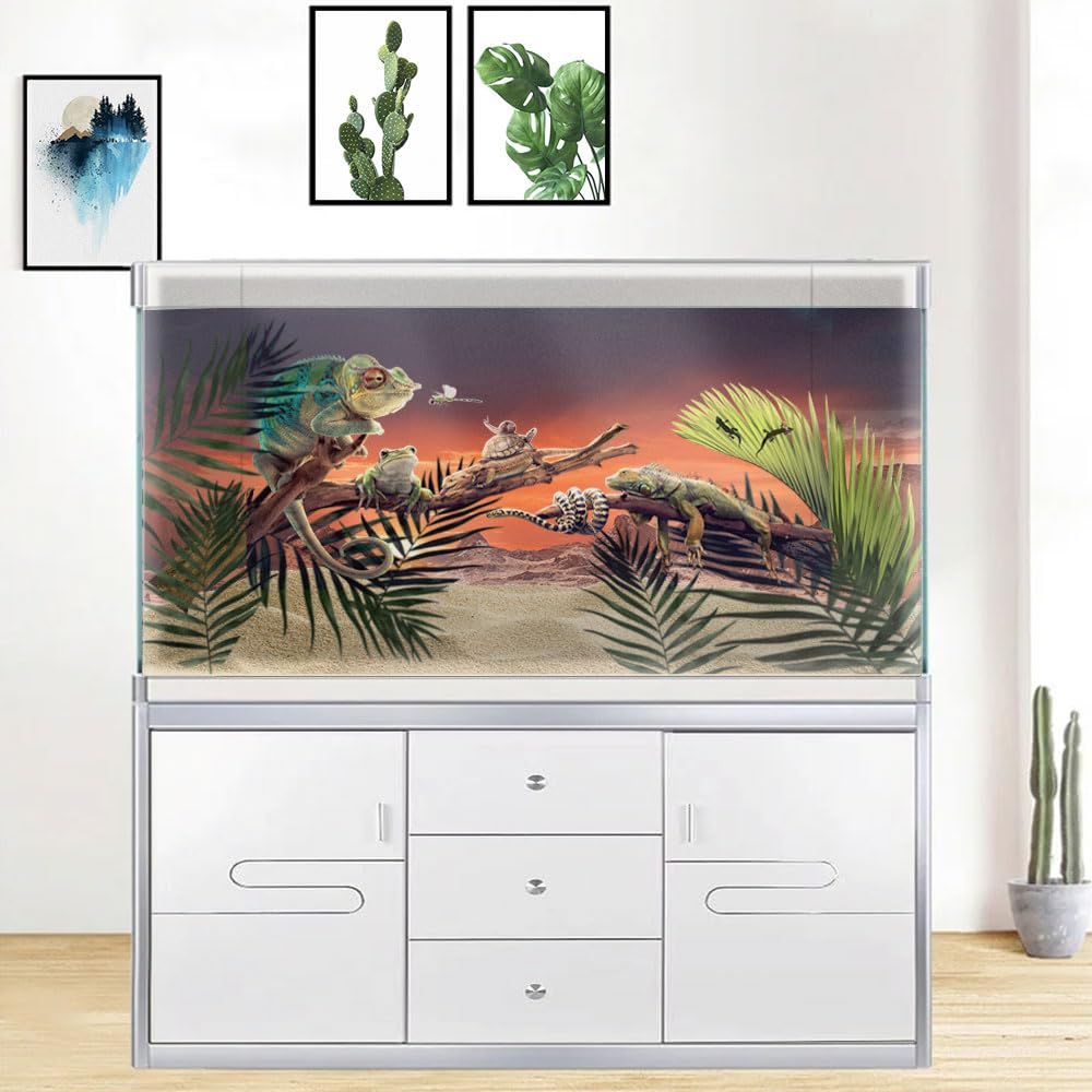 48X18IN Sun and Desert Moon Themed Reptile Habitat on Orange Durable Decorative Background, Terrarium Background with 10EVA Doub