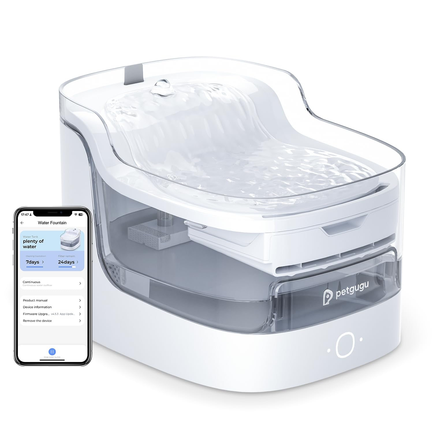 Petgugu Cat Water Fountain, Automatic Water Dispenser, 2L Pet Water Fountain Transparent Water Tank, 8 Layers Filters Cat Founta