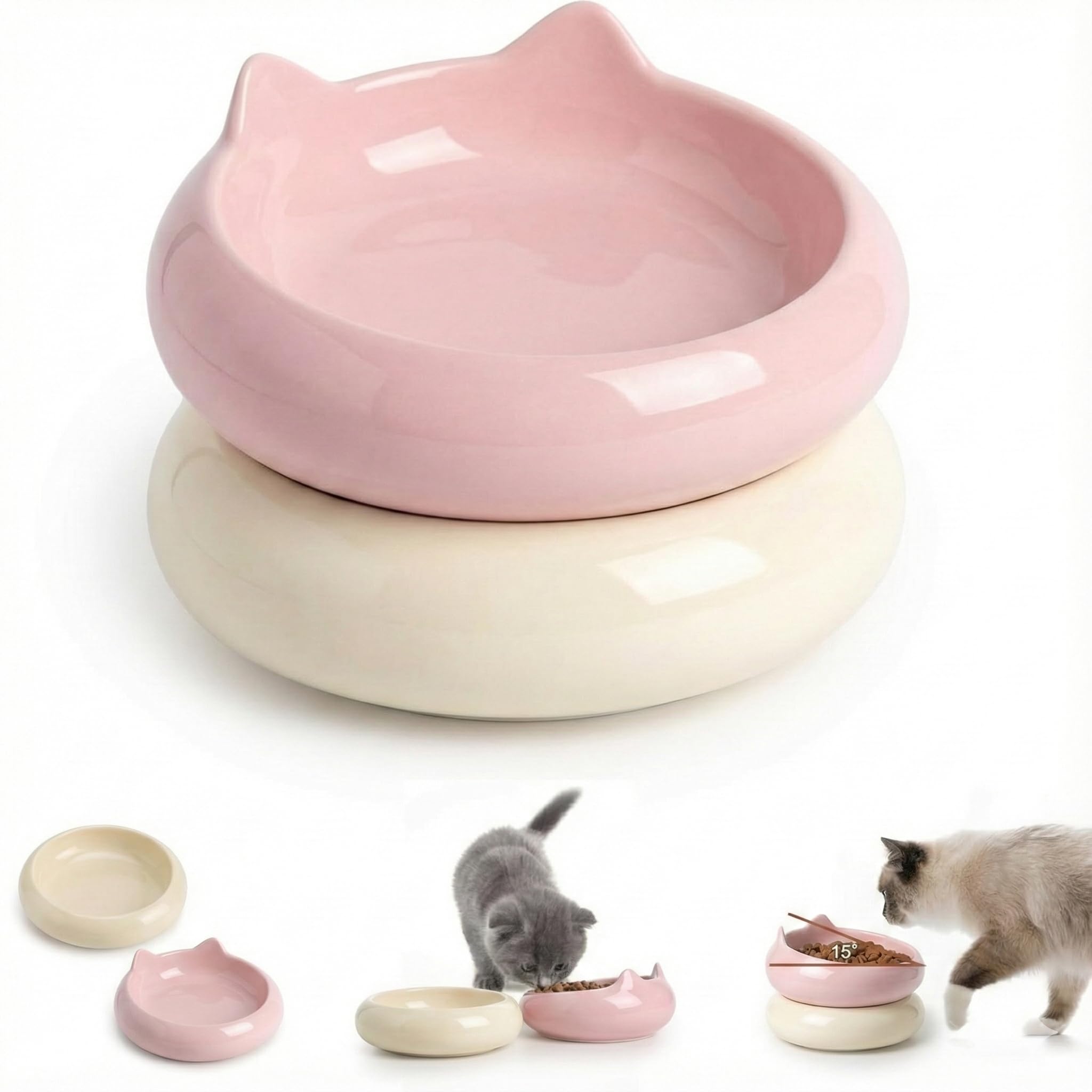 Cat Bowls, Ceramic Cat Bowls Food and Water Bowl Set, Whisker Friendly Cute Kitten Food Bowls for Protecting Pets Spine, Perfec