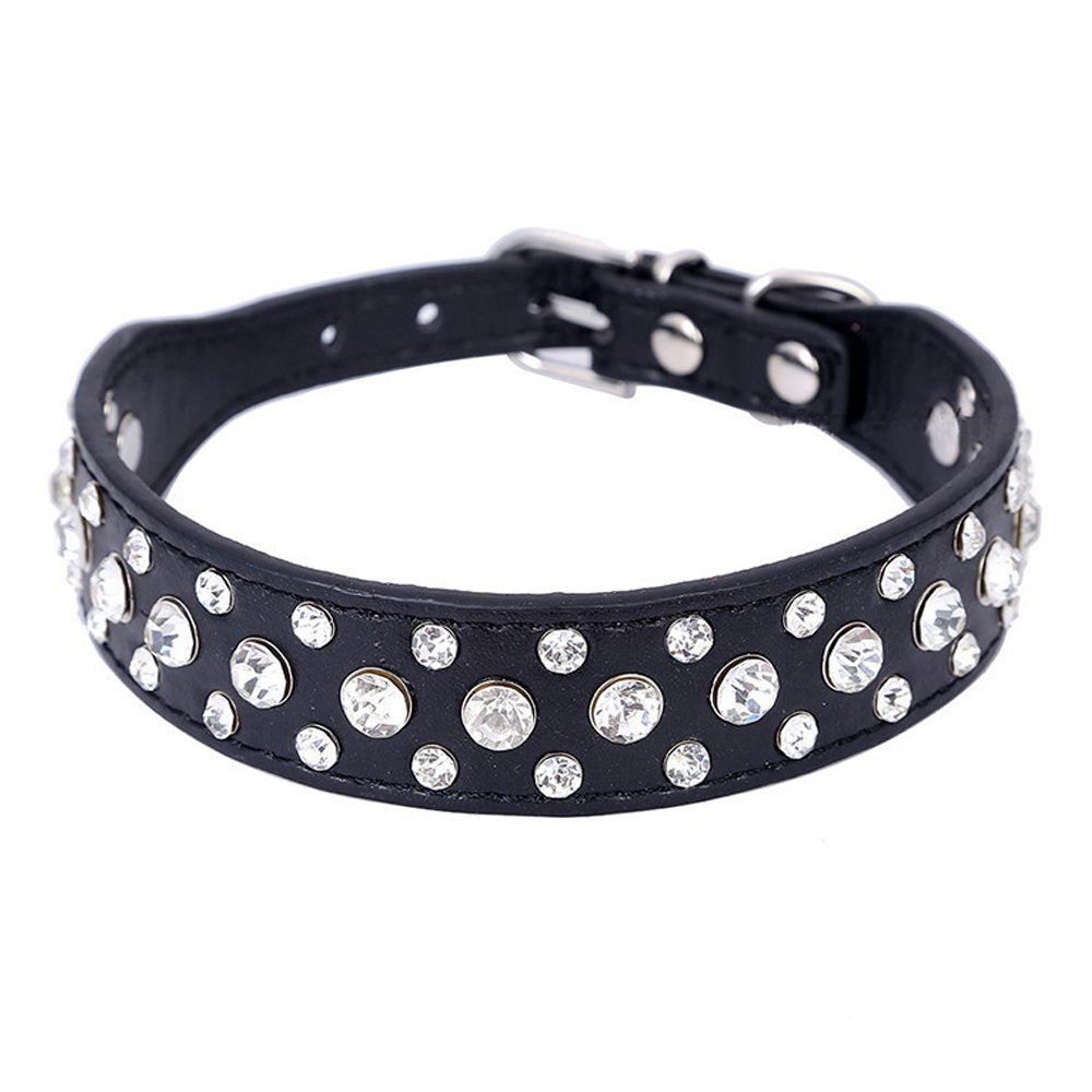 Dogs Kingdom 10''-24'' Length Personalized Rhinestone Leather Bling Crystal Pet Dog Cat Collars For Small Medium Breeds Black Xx