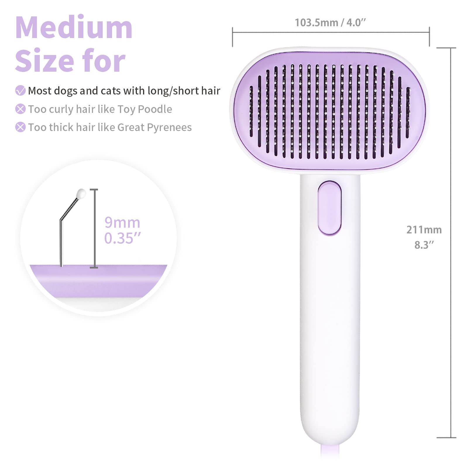 Aumuca Cat Brush With Release Button, Cat Brushes For Indoor Cats Shedding, Cat Brush For Long Or Short Haired Cats, Cat Grooming Brush Cat Comb For Kitten Rabbit Massage Removes Loose Fur Purple