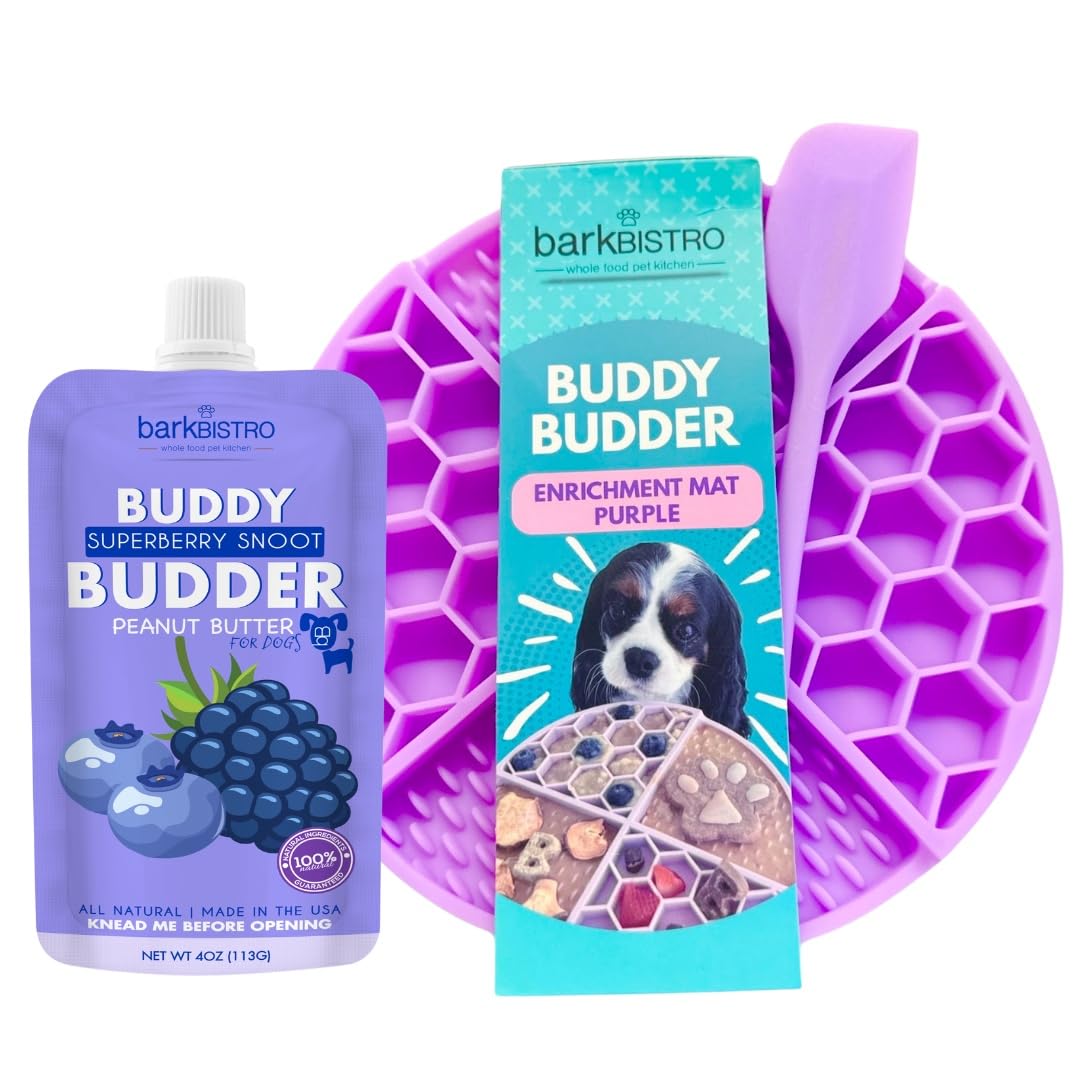Buddy Budder Bark Bistro Dog Lick Mat Set With Superberry Peanut Butter, Purple Enrichment Mat With Spatula, 4 Oz Squeeze Pack