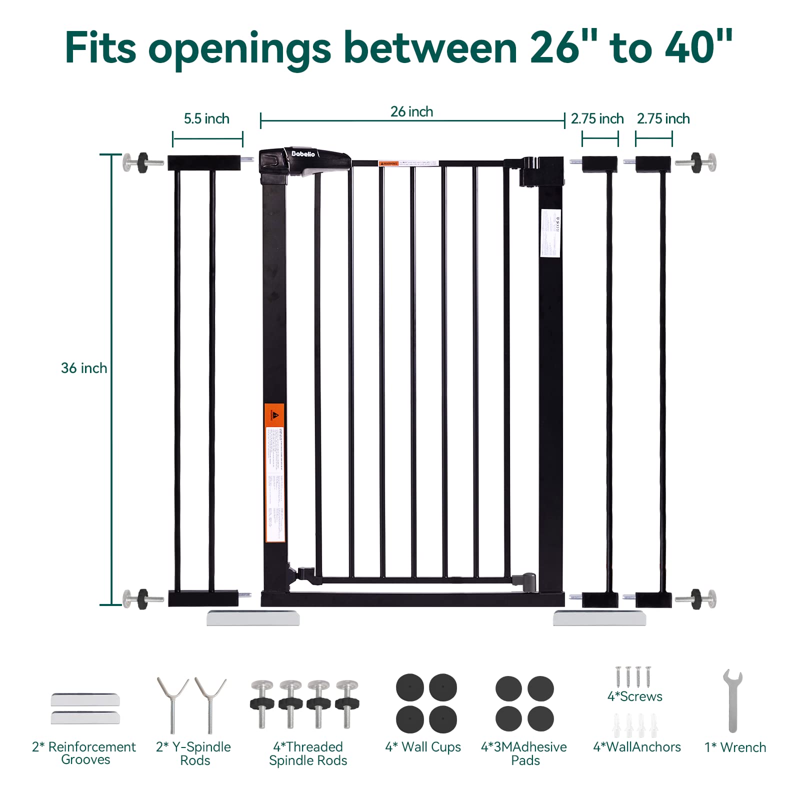 Babelio 36' Tall Baby Gate, 26-40' Wide Auto Close Pet Gate, Pressure Mounted Metal Dog Gate, Easy-Install No Drilling, No Tools Required, With Wall Protectors And Extension Kits, Black