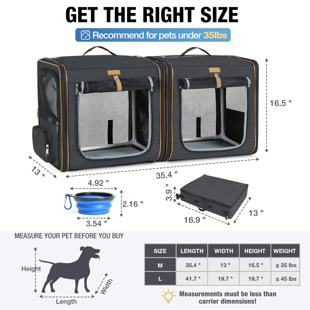 Lekereise 2-in-1 Large Cat Carrier for 2 Cats up to 35 Lbs, (17.7 *2)*16.5 *13  Car Travel Carrier with Litter Box, Bowl, and Lo