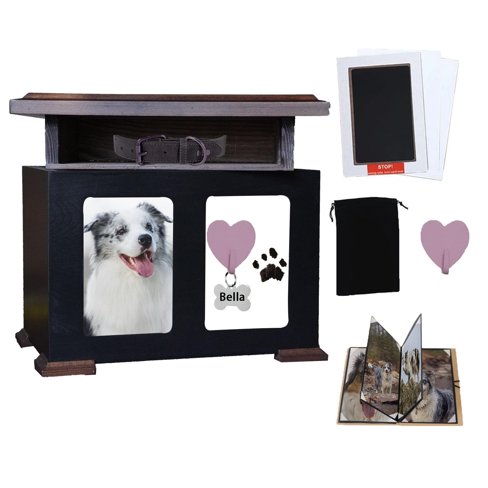 Pet Urns For Dogs Ashes, Cat Urns For Ashes, Wooden Dog Urn, Pet Memory Box For Keepsakes Large With Paw Print Kit, Album