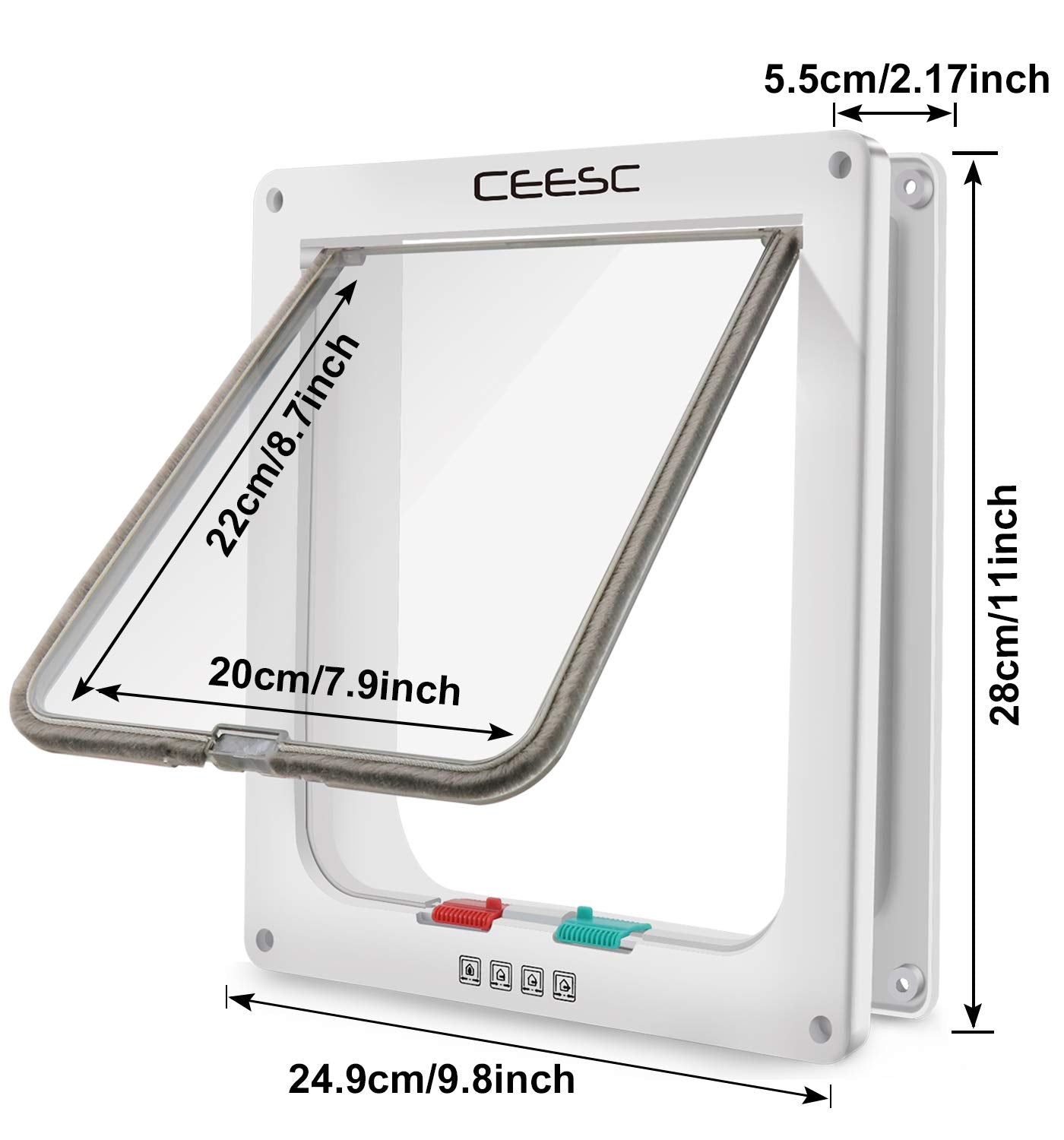 Ceesc Extra Large Cat Door (Outer Size 11' X 9.8'), 4 Way Locking Large Cat Door For Interior Exterior Doors, Weatherproof Pet Door For Cats & Doggie With Circumference < 24.8' (White)