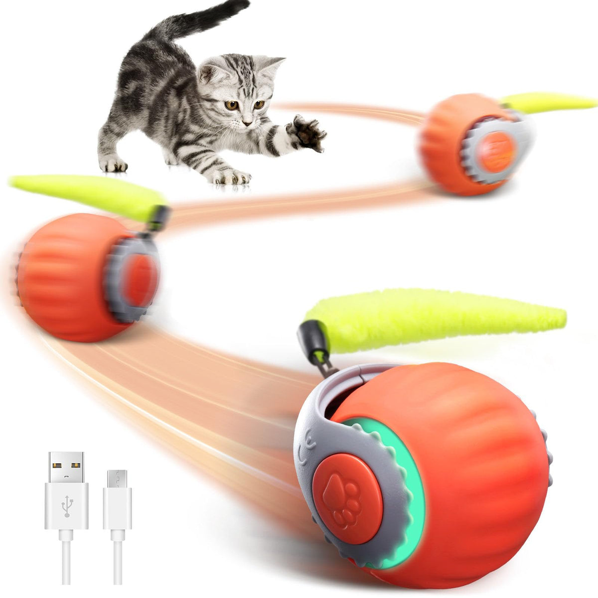 Pawsomefinds Interactive Cat Toy For Indoor Cats, Two Speed Smart Automatic Cat Toy Moving Ball With Tail, Rechargeable Motion A
