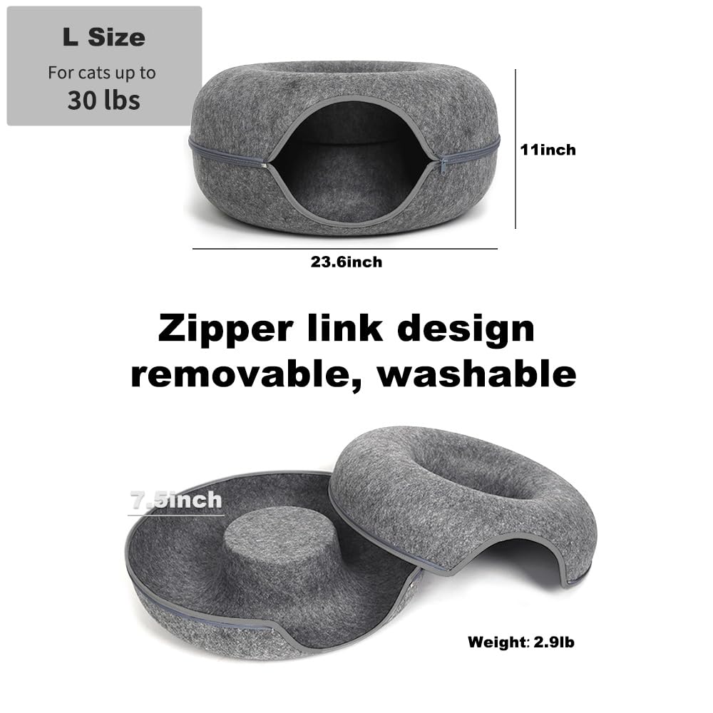 Large Cat Tunnel Bed For Indoor Cats With 3 Toys, Scratch Resistant Donut Cat Bed, Up To 30 Lbs (L 24X24X11, Dark Grey)