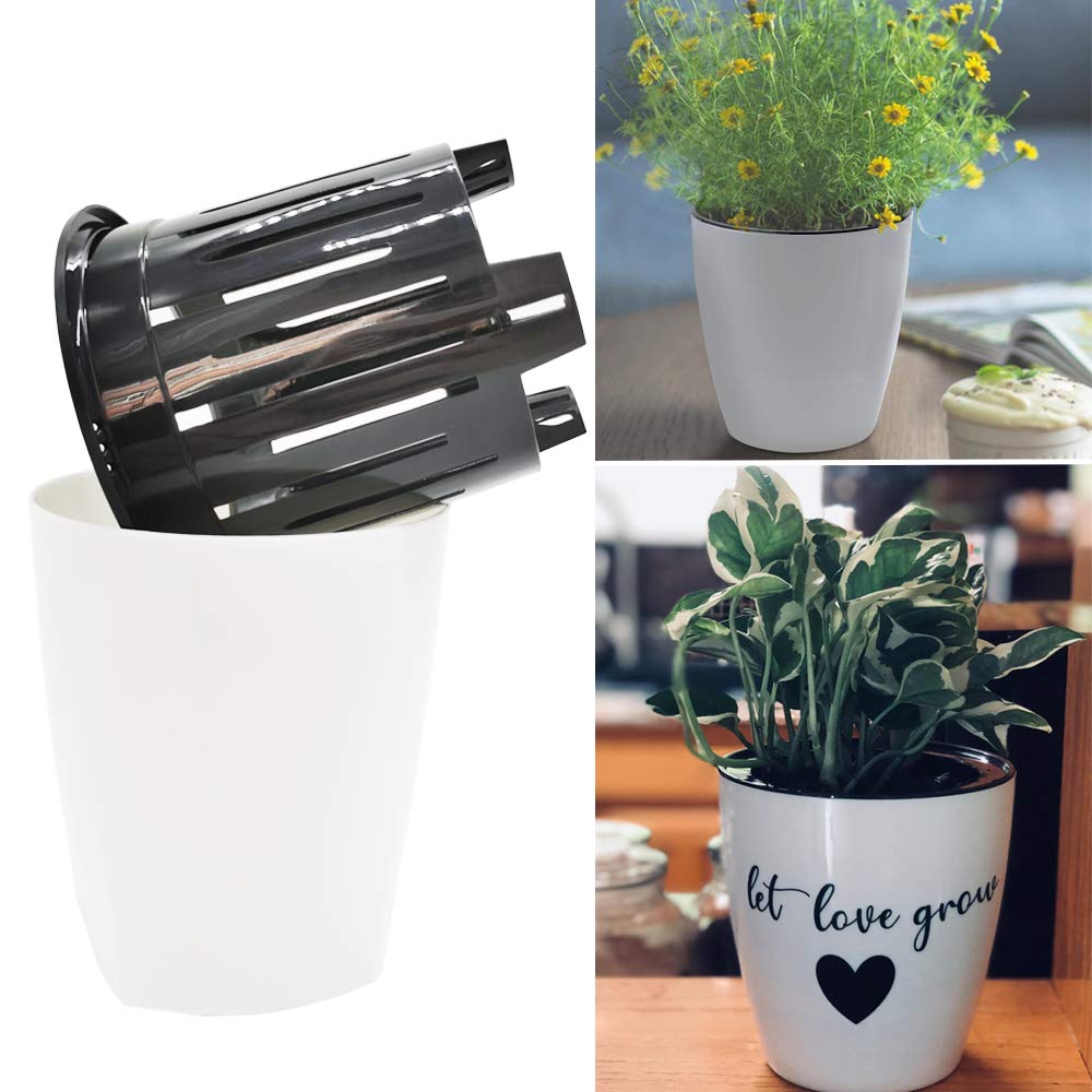 OJYUD 8 Pack 4 Self-Watering White Plastic Planters, Modern Decorative Pots for House Plants, Flowers, Herbs, African Violets