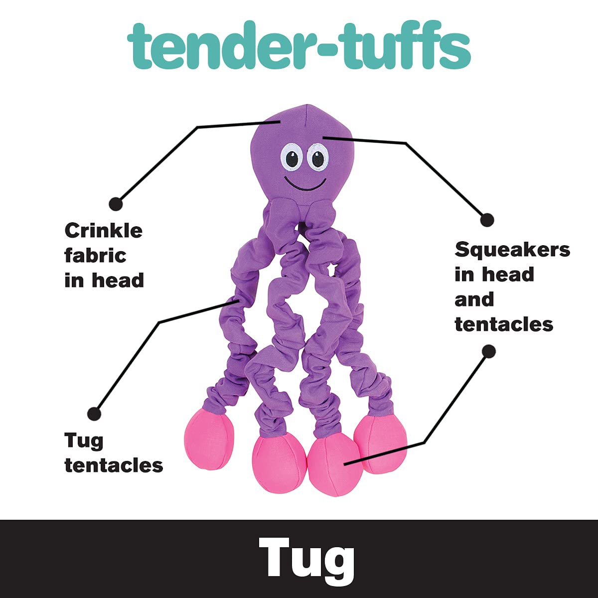 Smartpetlove Snuggle Puppy Tender-Tuffs Tug - Extra Large Stretchy Purple Octopus Tough Dog Toy - Great For Fetch And Durable For Tug Of War