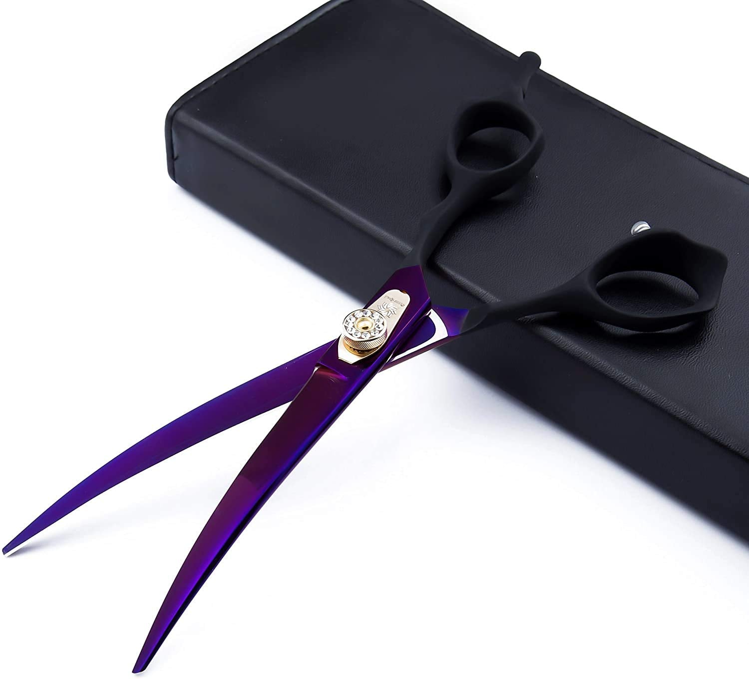 Dream Reach 7.0 Inches Professional Decompressed Elastic Handle Pet Grooming Scissors Set,Straight & Chunker & 2 Curved Scissors 4Pcs Set For Dog Grooming (Purple) (Down-Curved Scissor)