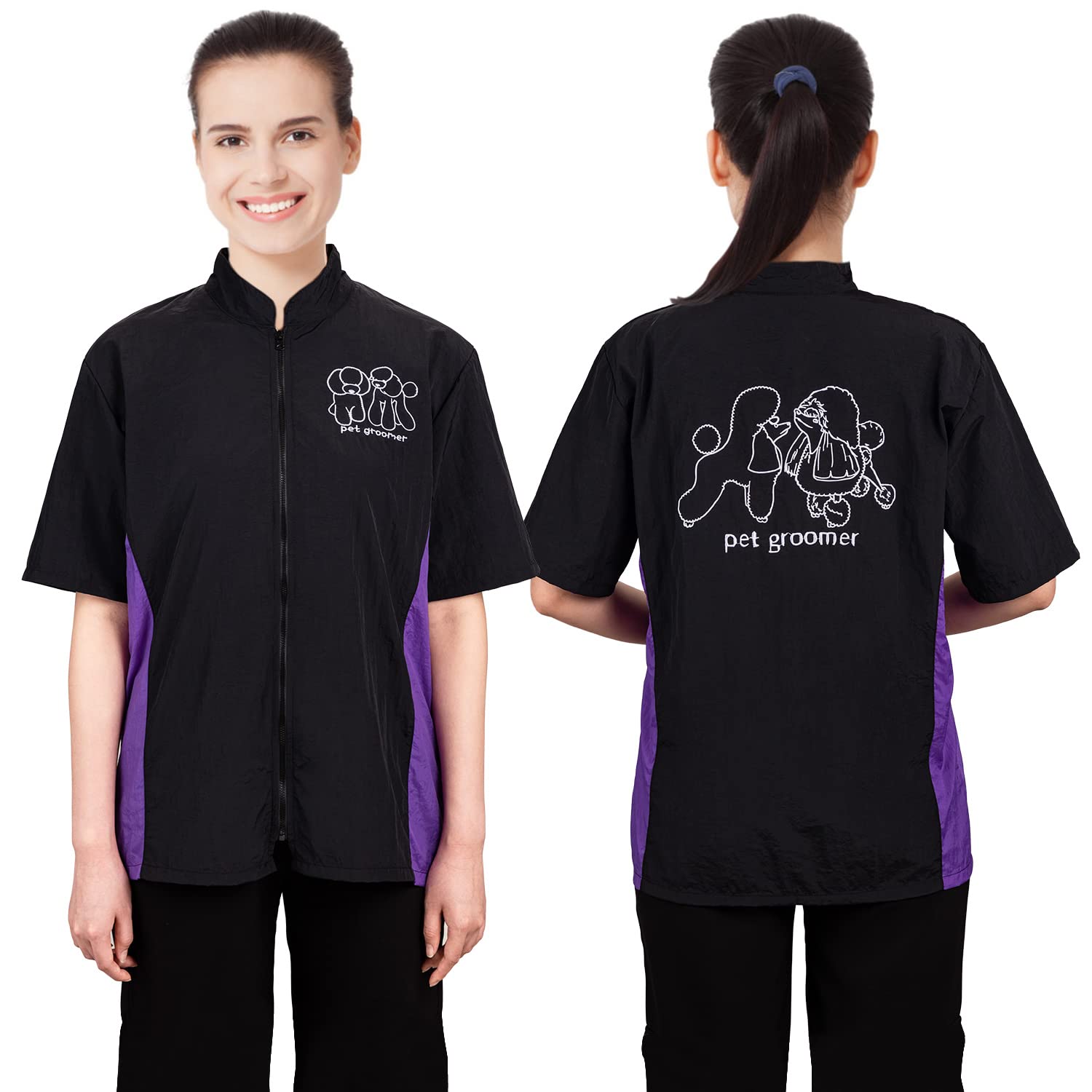 Noverlife Pet Grooming Workwear With Full Zipper, M Size, Anti-Static Pet Beautician Work Clothes, Lightweight Hair Repellent Shirt Style Pet Groomer Smock For Dog Cat Grooming Shop