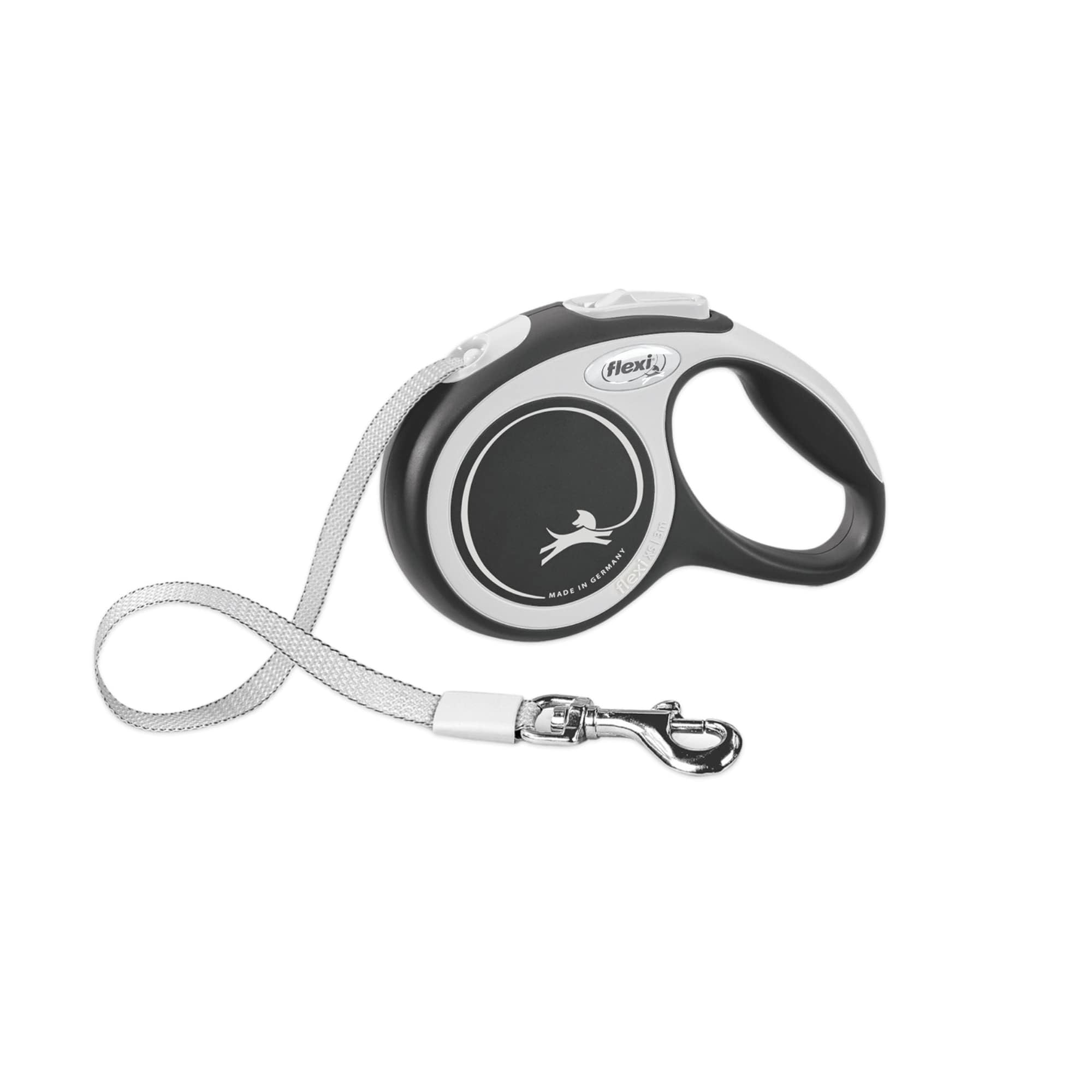 Flexi New Comfort Tape Retractable Dog Leash For Extra Small Dogs Upto 26 Lbs. – 10 Ft., Grey/Black Tangle Free Pet Walking Leash With One-Handed Brake, Pause, Lock German Quality Product