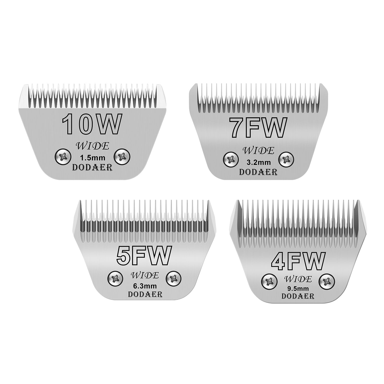 Dodaer 10W+7Fw+5Fw+4Fw Wide Blades For Dog Grooming,Compatible With Andis,Oster A5,Wahl Km10 Clippers,Cutting Length 1/16'' To 3