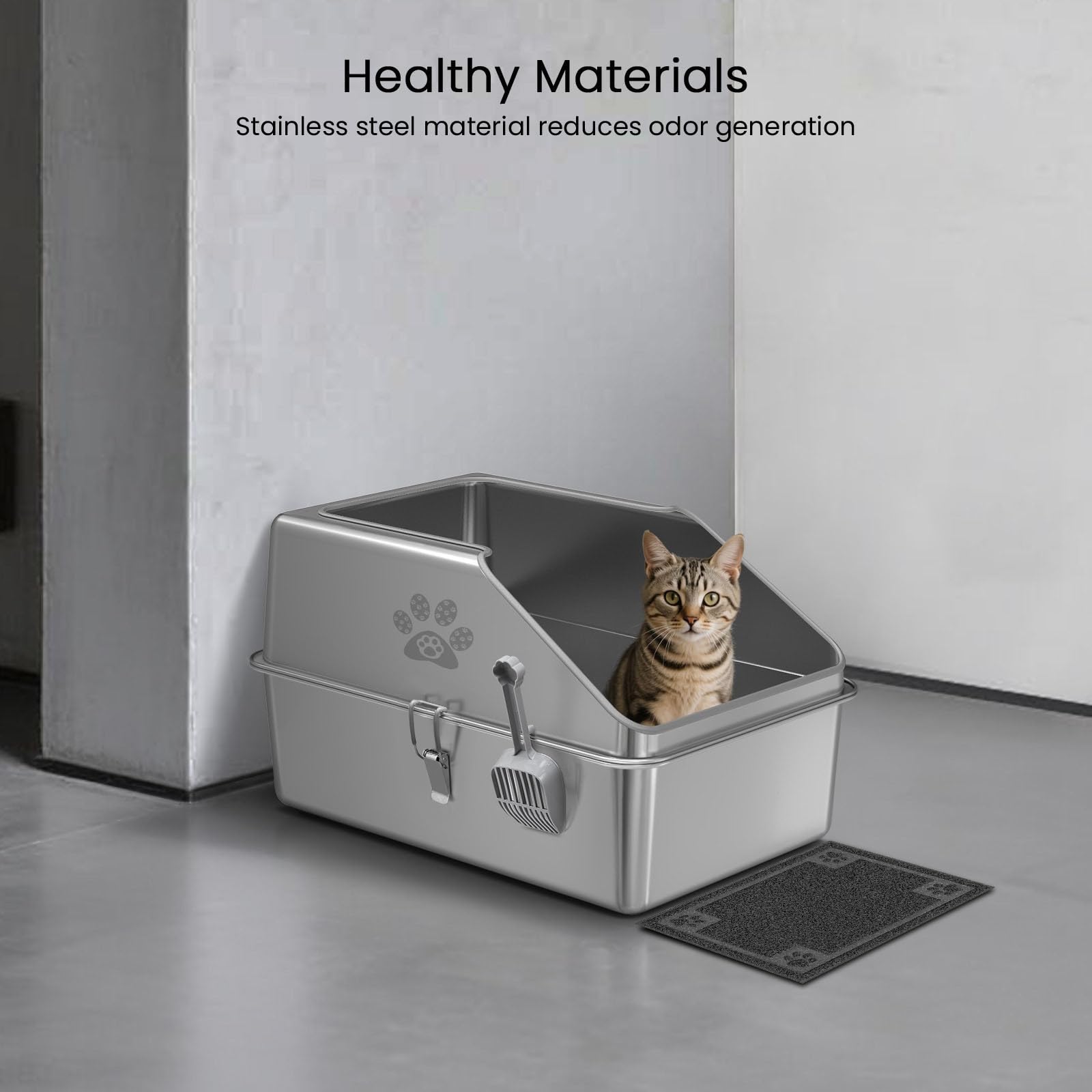 KPWACD Enclosed Stainless Steel Cat Litter Box with Lid, XL Extra Large Non-Stick Metal Litter Pan for Big Cats, High-Sided Kitt