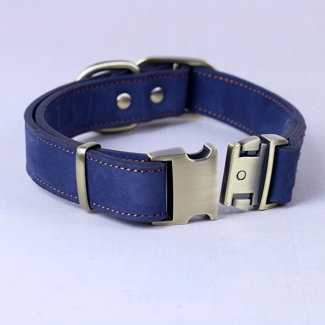 Chede Luxury Real Leather Dog Collar - Handmade, Hand-Stitched Genuine Leather, Blue, 13.5 To 19.2 Inches, Medium And Large Dog