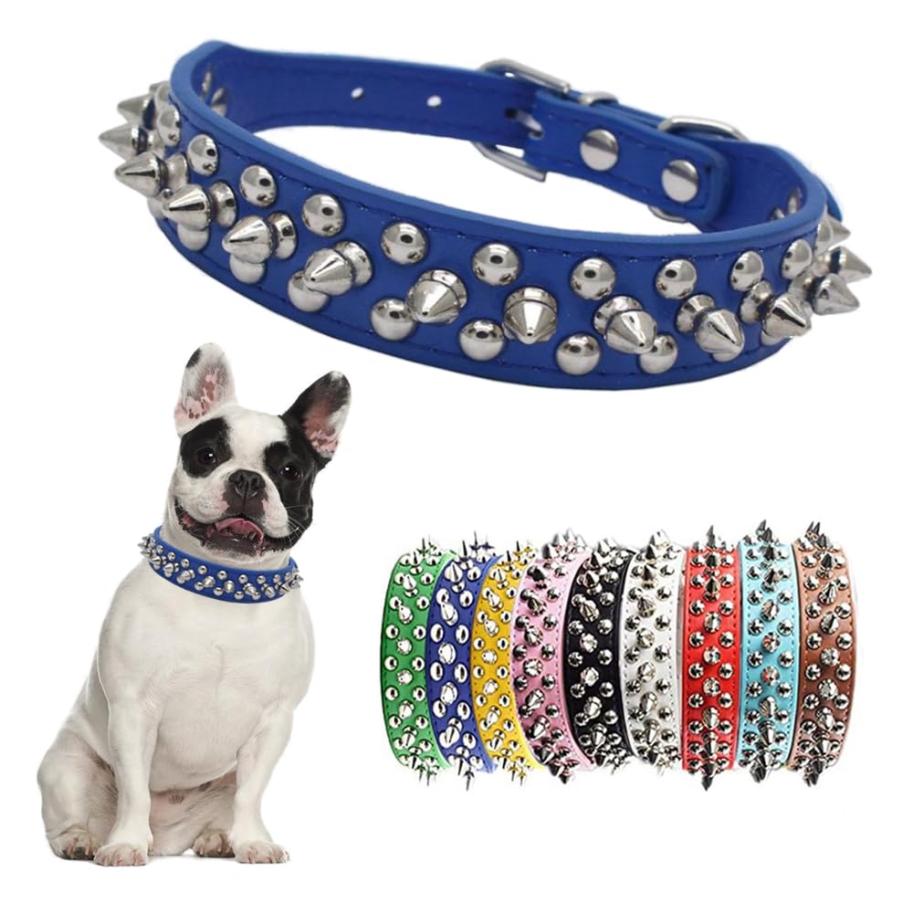 Blue Spiked Dog Collar For Small Dogs,Mushroom Rivet Spike Puppy Collars Girls Boys Leather Studded Cat Collar Metal Buckle Dura