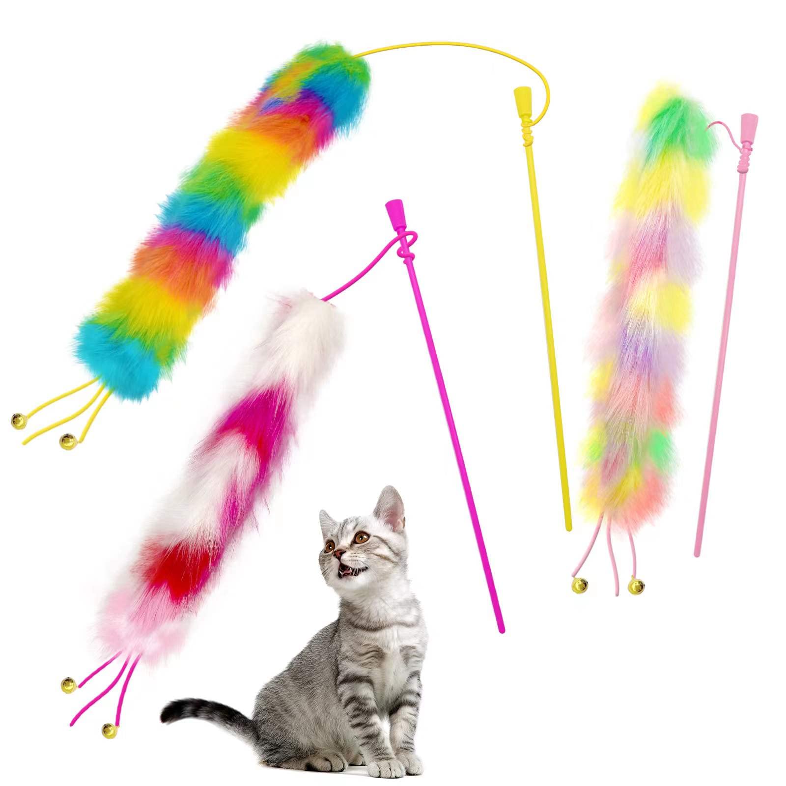Lepawit 3 Pack Cat Wand Toy, Rainbow Cat Feather Toys With Bells, Cat Teaser Wand With Soft Furry Tail, Interactive Cat Toys For