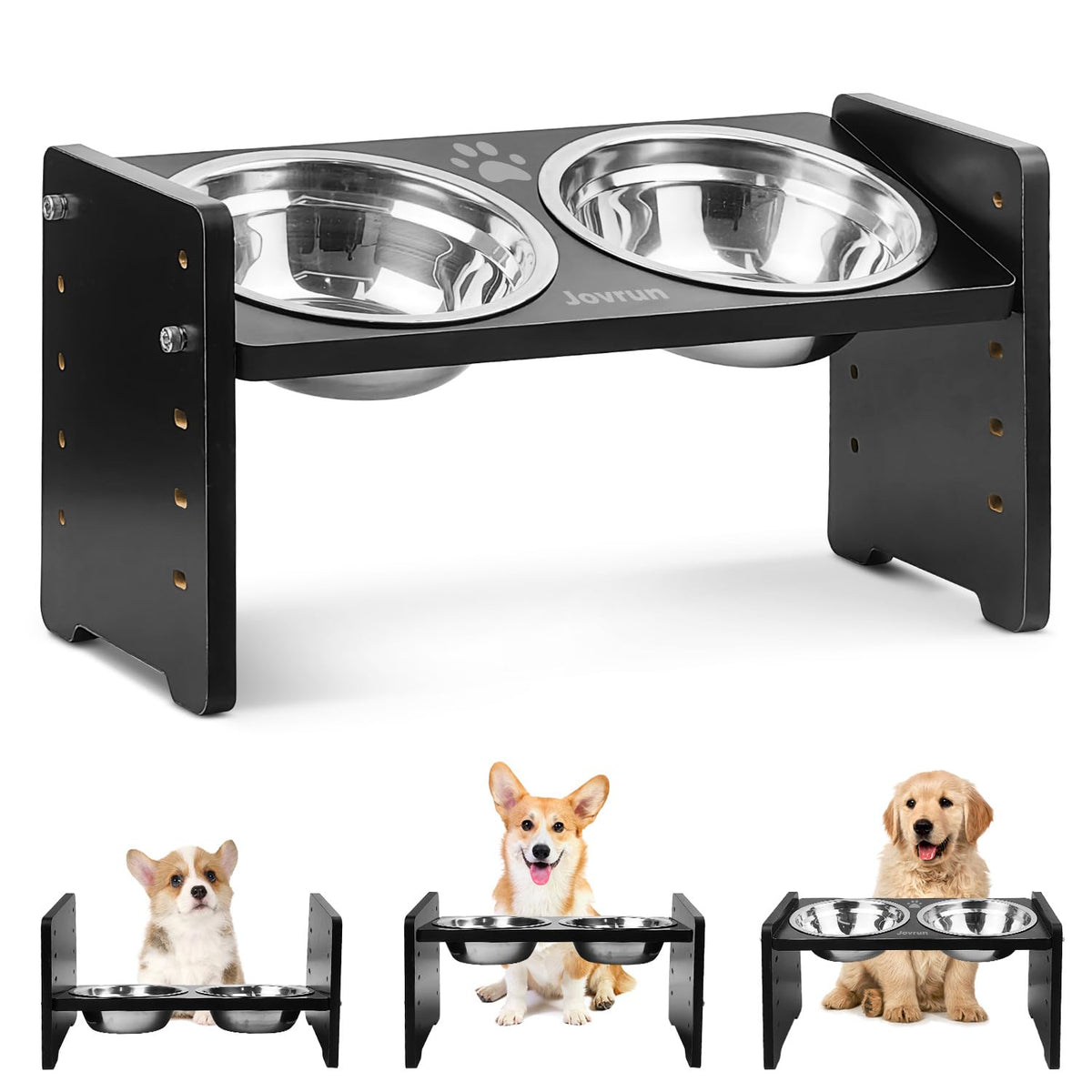 Jovrun Elevated Dog Bowls - Adjustable Stand With Non-Slip Feet, Bamboo & Stainless Steel For Small Dogs & Cats