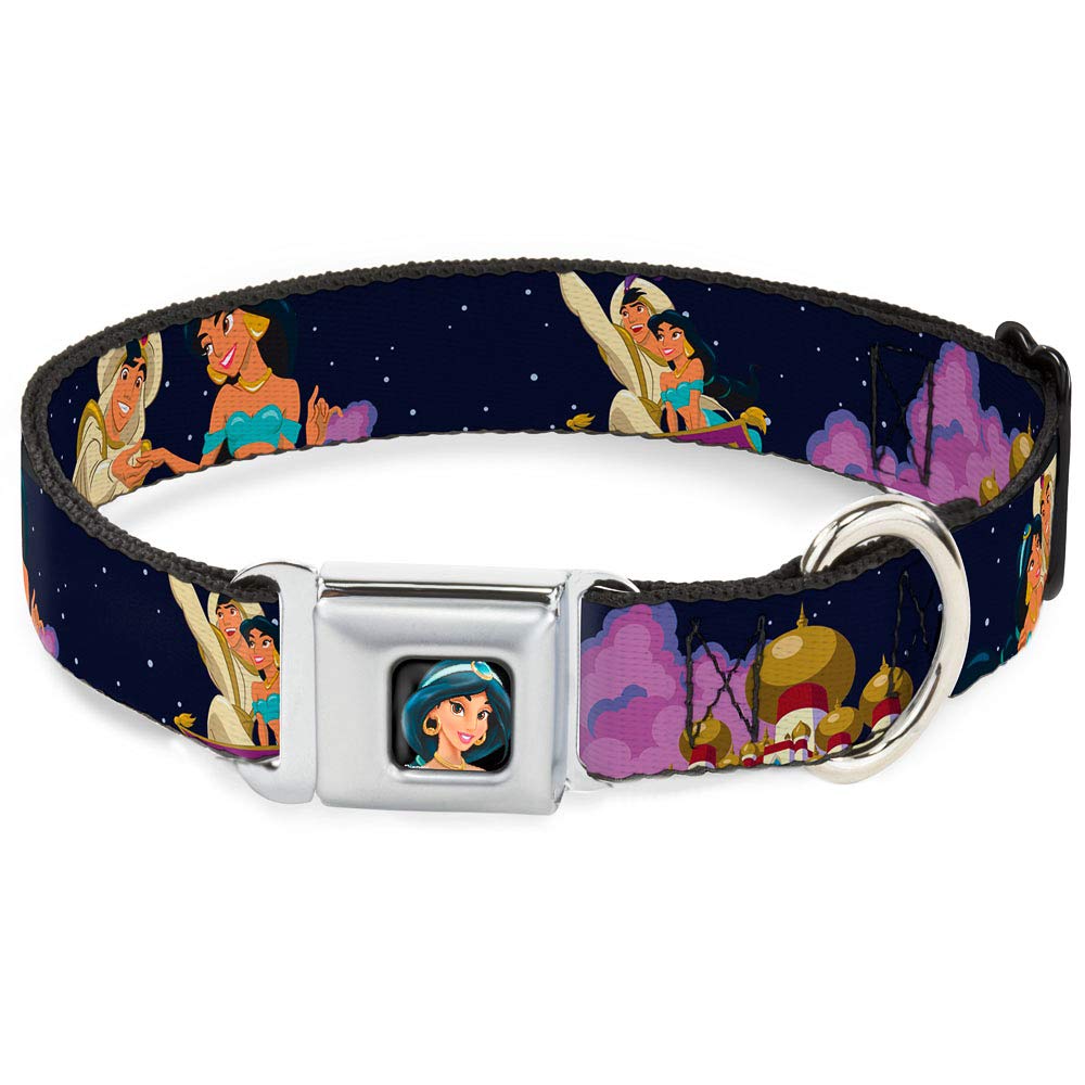 Disney Pet Collar, Dog Collar Metal Seatbelt Buckle, Aladdin Jasmine Magic Carpet Ride Scenes, 15 To 24 Inches 1.0 Inch Wide