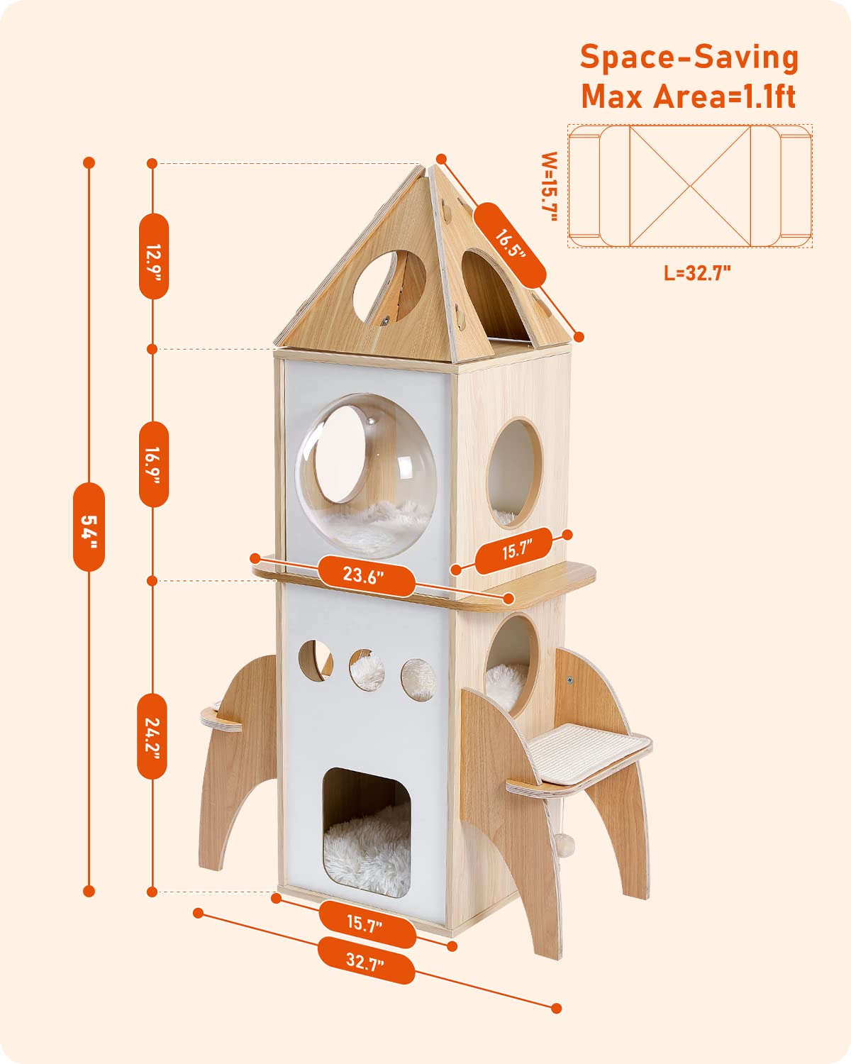 Muttros Modern Cat Tree Rocket Shape,54'' Wood Cat Tower Multilevel For Indoor Cats, Cat Furniture With 3 Condos, Dangling Balls
