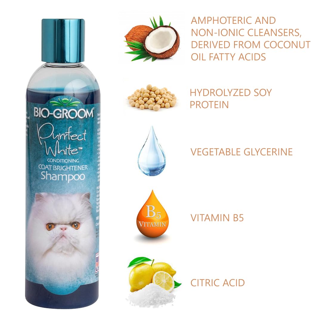 Bio-Groom Purrfect White Cat Shampoo – Color Enhancing Pet Shampoo, Cat Bathing Supplies, Kitten Wash, Cat Grooming Supplies, Cruelty-Free, Made In Usa, Coat Brightener Shampoo – 8 Fl Oz 1-Pack