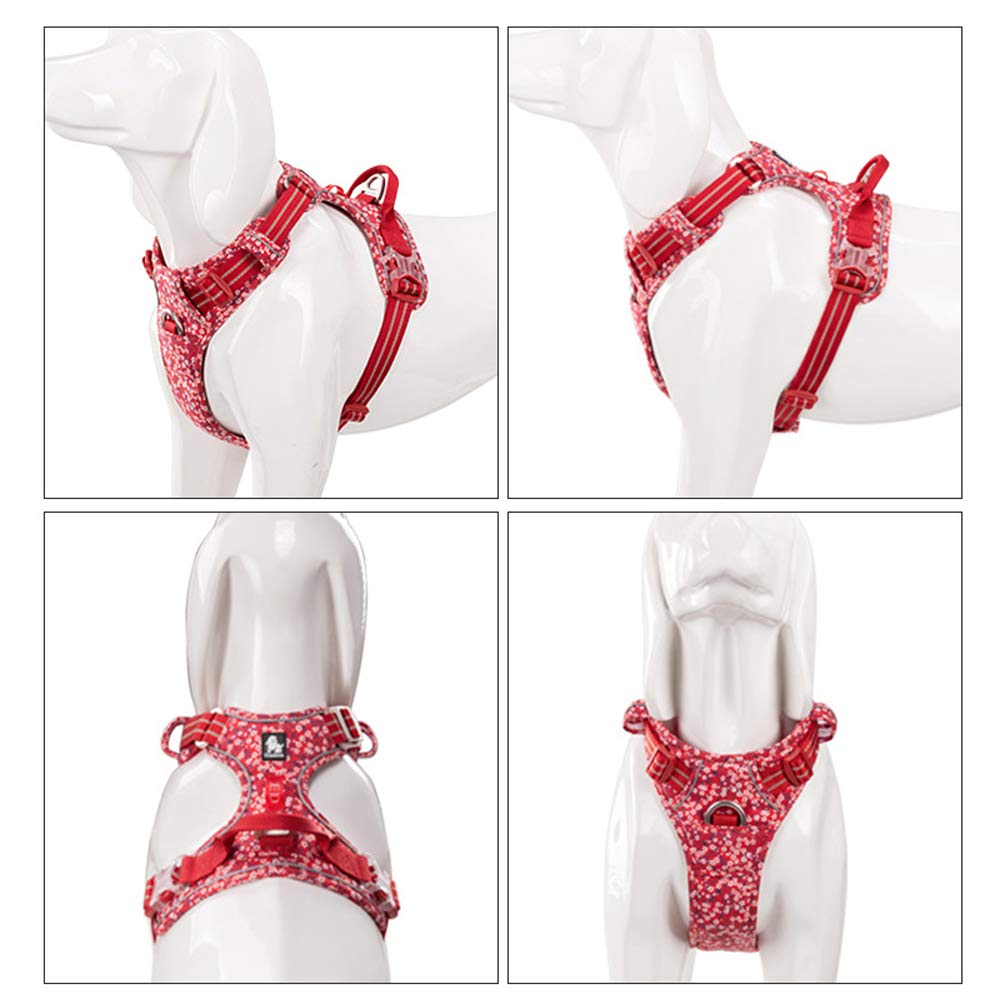 La La Pet® Floral No Pull Dog Harness Reflective Dog Vest Harness With Front & Back 2 Leash Clips And Easy Control Handle For Small Medium Large Dogs 3 Snap Buckles Easy To Put On & Take Off Red S