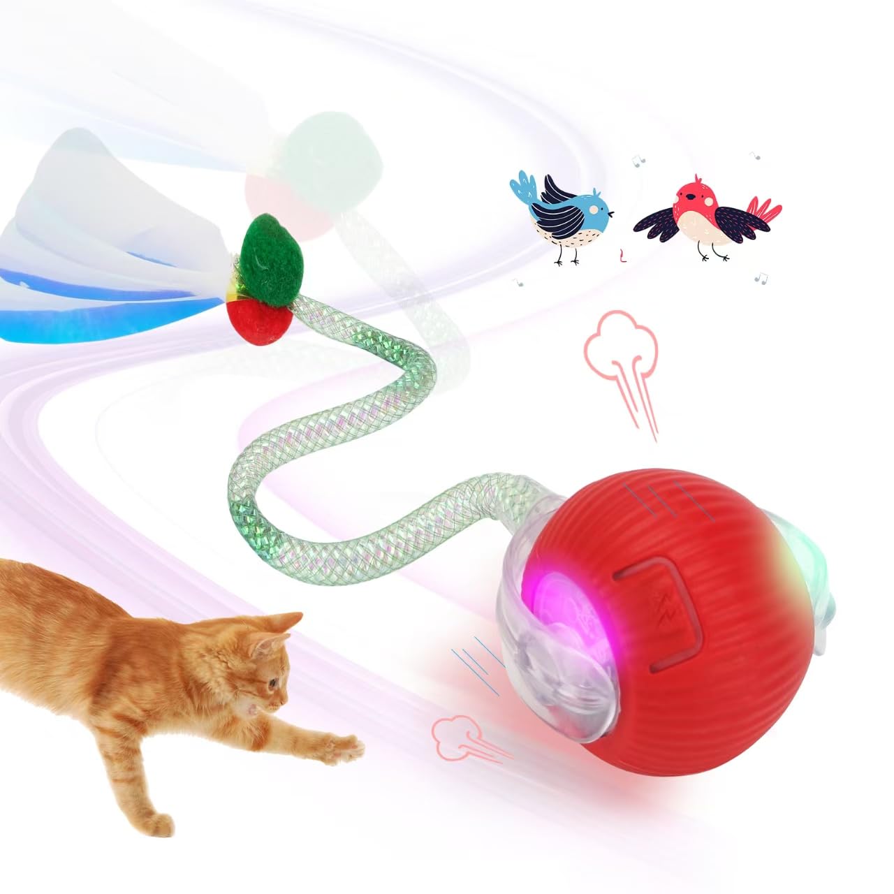 Interactive Cat Toy For Indoor Cats,Agile Automatic Moving Cat/Kitten Ball With Elastic Mesh Tail,Electric Toy Ball Chirping Bir