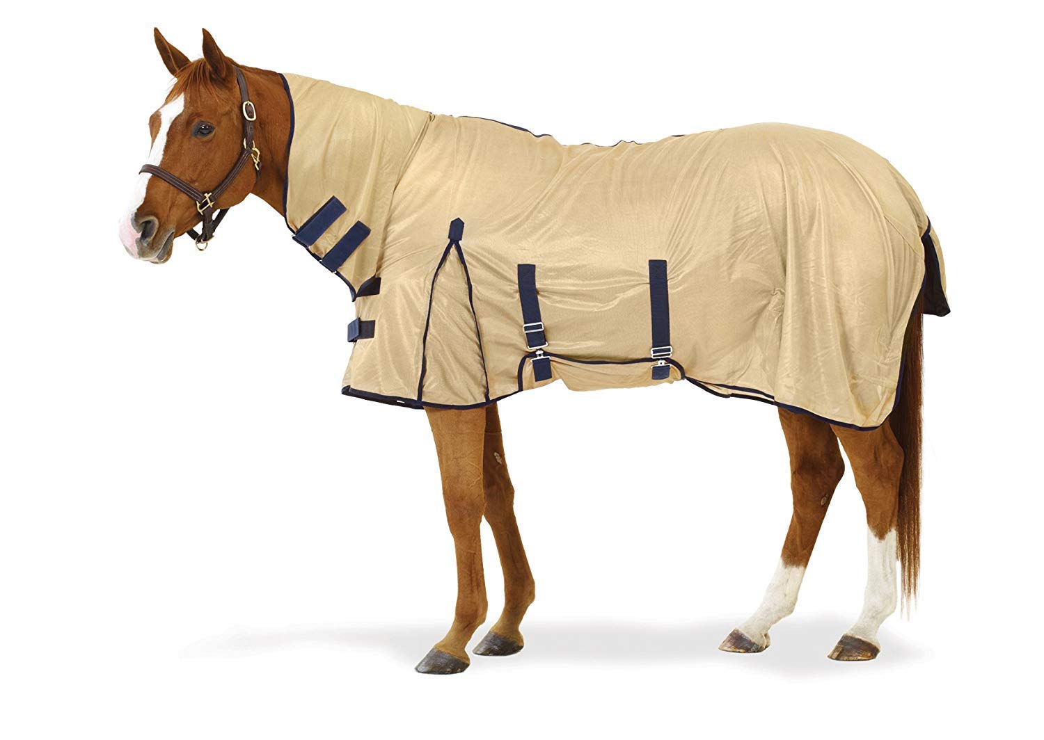 Equiessentials Softmesh Combo Fly Sheet With Belly Band And Attached Neck Cover, Tan/Navy, 78