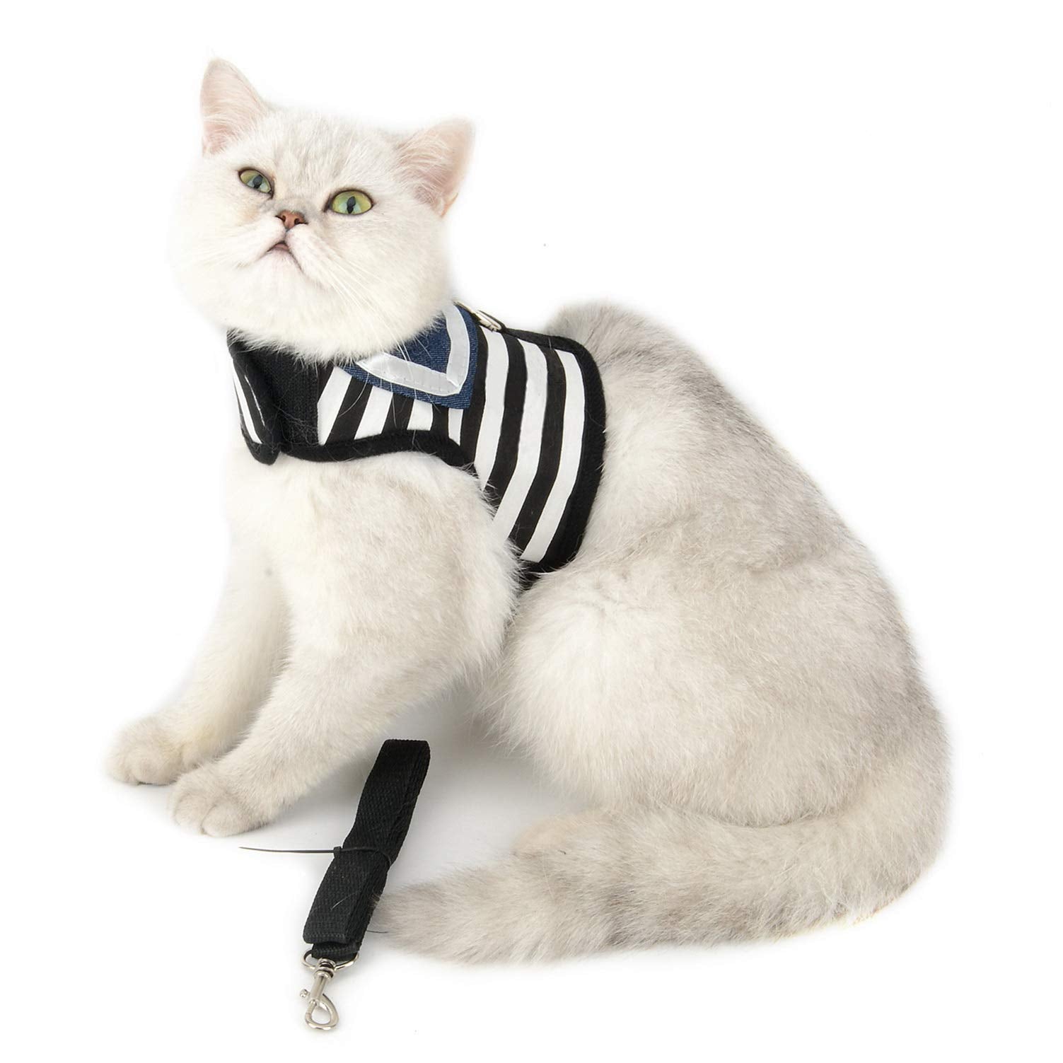 Smalllee_Lucky_Store Soft Mesh Sailor Harness For Cat And Small Dogs, Pet Navy Striped Walking Vest Puppy Padded Harnesses Leash Set Adjustable Black S