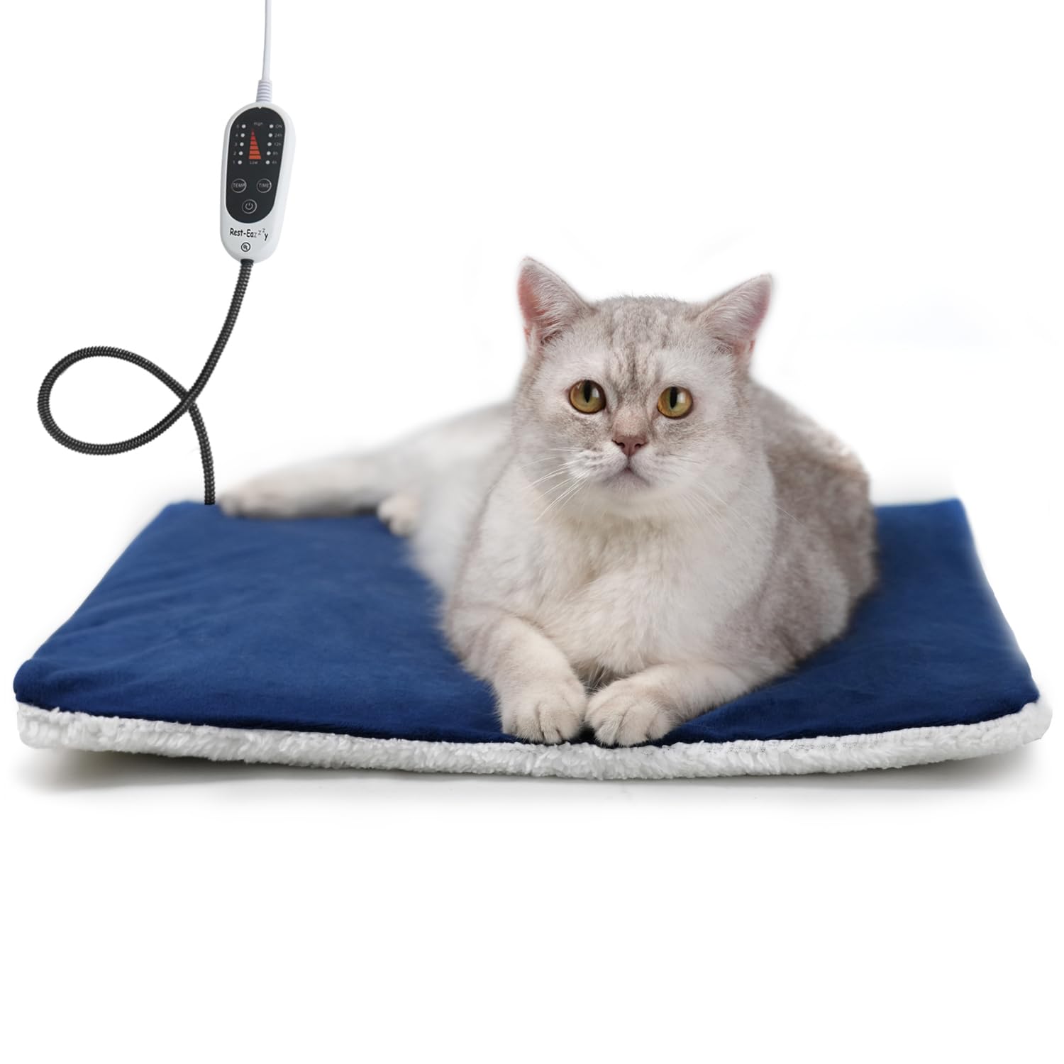 Rest-Eazzzy Pet Heating Pad Indoor, Dog Heating Pad Mat With Removable Cover, 5 Level Timer 5 Level Temperature, Electric Pet Warming Mat For Cat Dog Automatic Power-Off (Heat Pad, Pure-Blue)