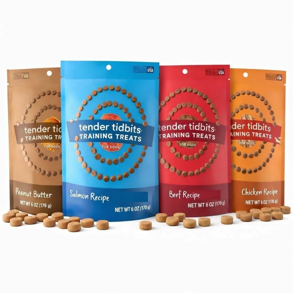 Natural Grain-Free Puppy & Dog Training Treats - Tender Tidbits (Beef, Chicken, Peanut Butter & Salmon) Made in USA (24oz, Varie